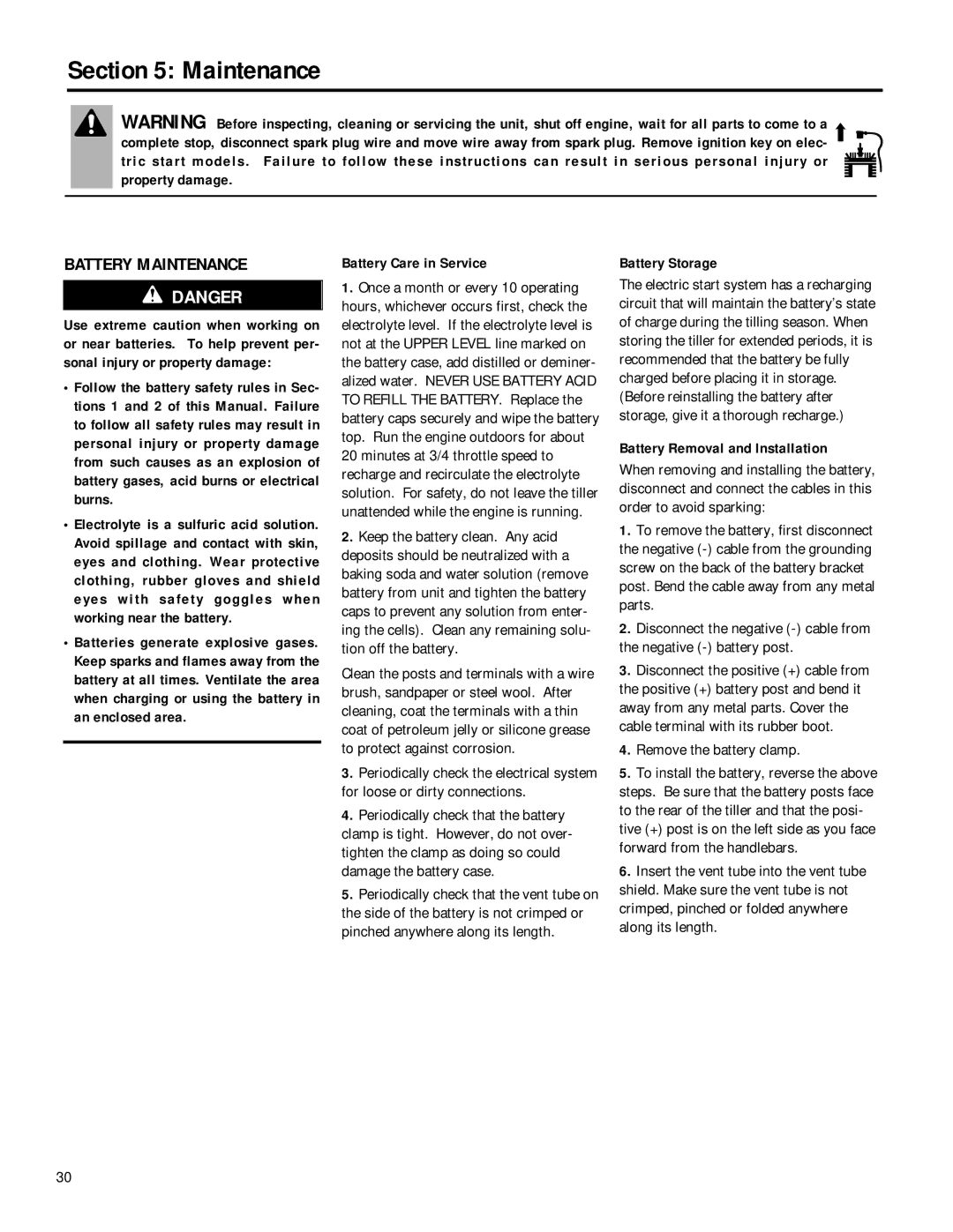 MTD 12211, 12212 Battery Maintenance, Battery Care in Service, Battery Storage, Battery Removal and Installation 