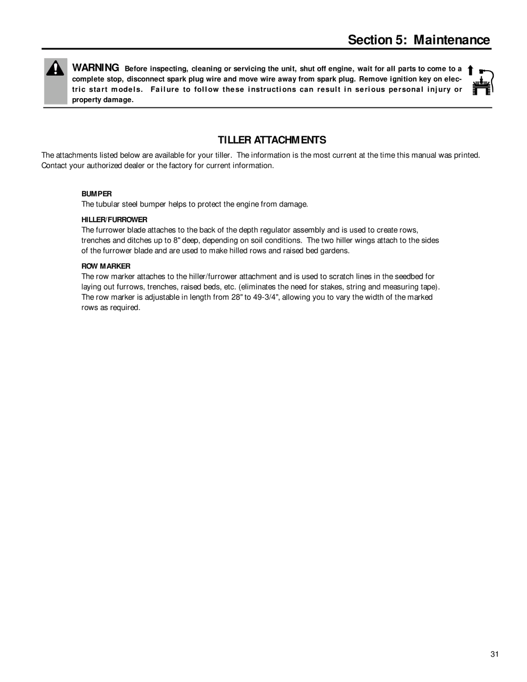 MTD 12212, 12211 owner manual Bumper, Hiller/Furrower, ROW Marker 