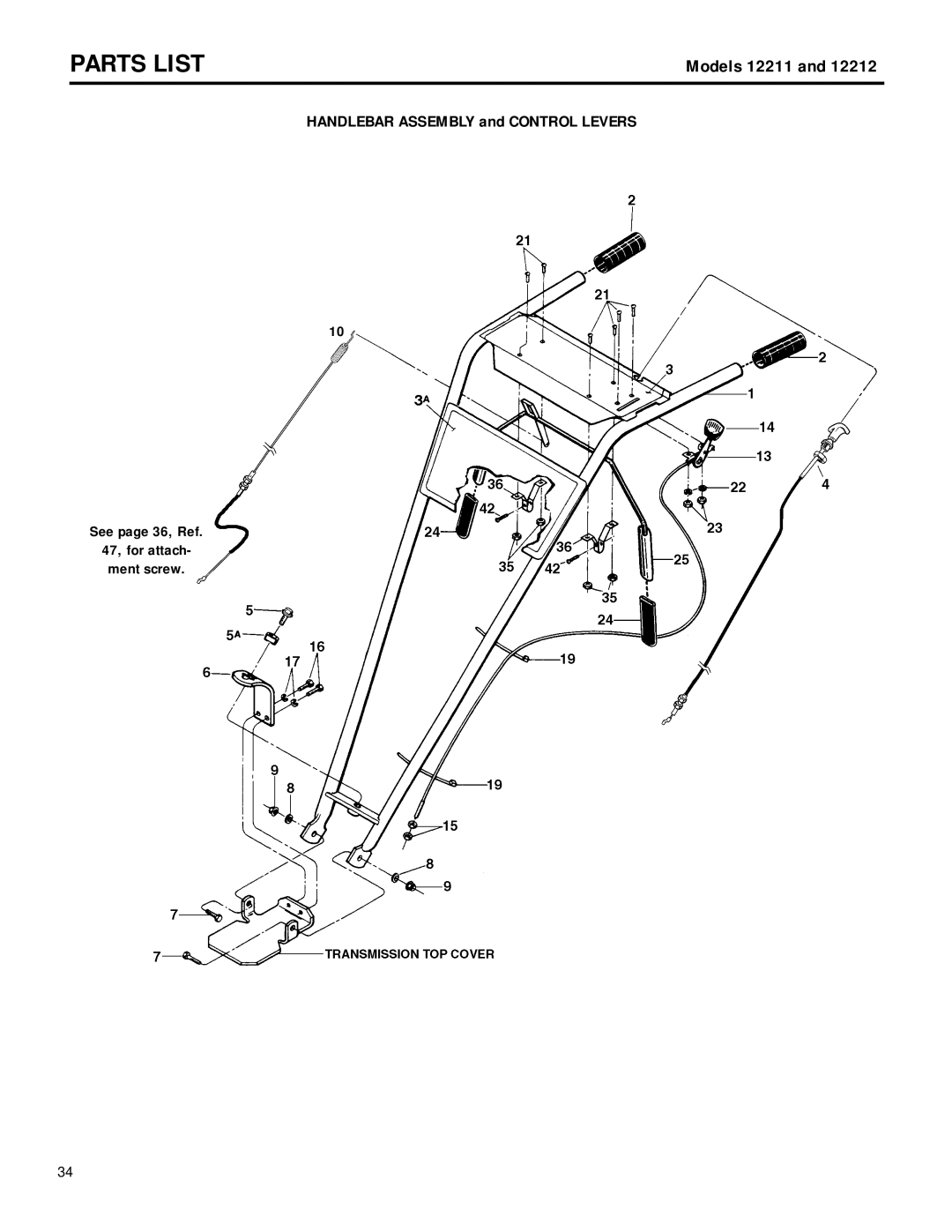 MTD 12211, 12212 owner manual See page 36, Ref 47, for attach Ment screw 