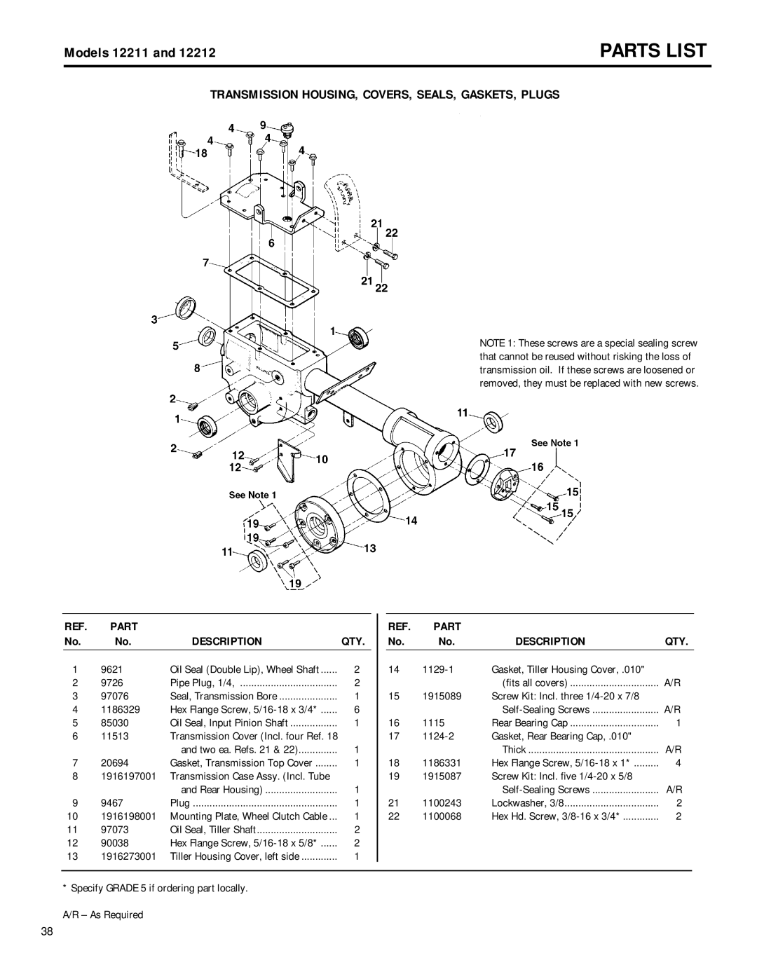 MTD 12211, 12212 owner manual Part Description QTY 