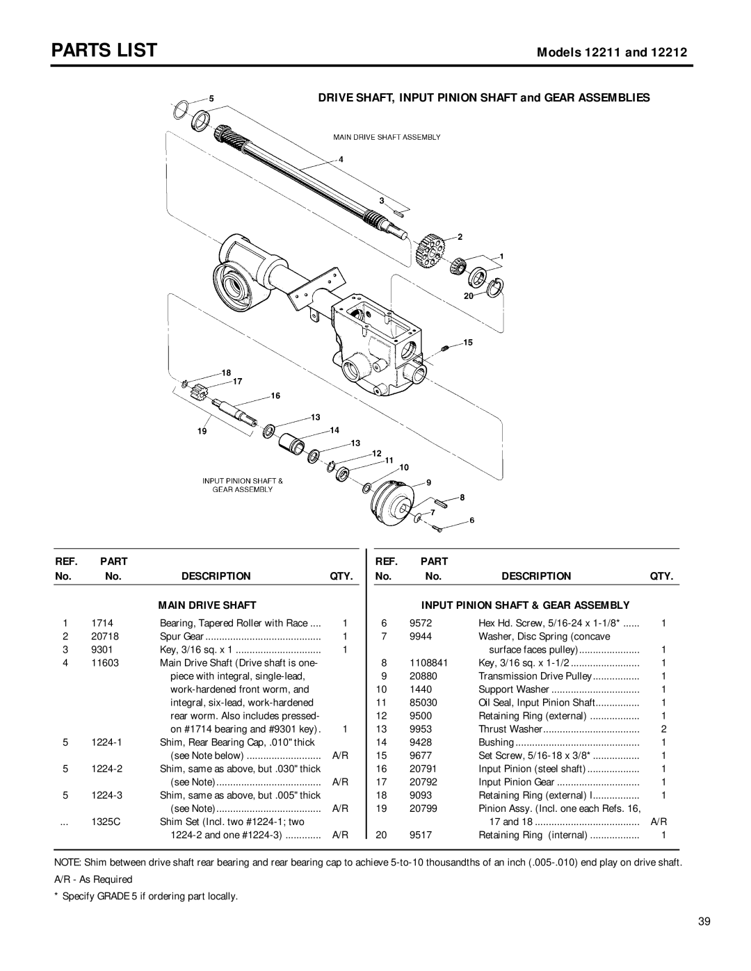 MTD 12212, 12211 owner manual Main Drive Shaft, Input Pinion Shaft & Gear Assembly 