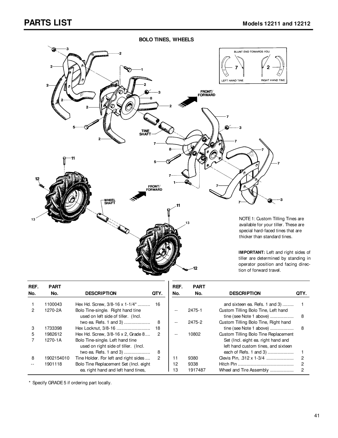 MTD 12212, 12211 owner manual Bolo TINES, Wheels, Thicker than standard tines 