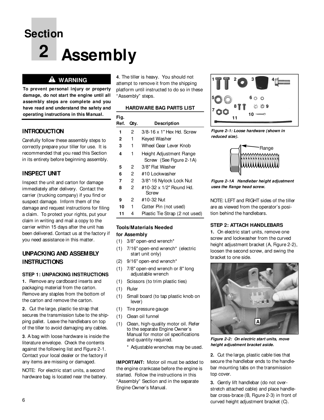 MTD 12211, 12212 owner manual Introduction, Inspect Unit, Hardware BAG Parts List, Attach Handlebars, Unpacking Instructions 