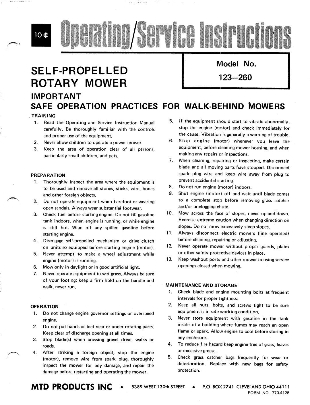 MTD 123-260 manual 