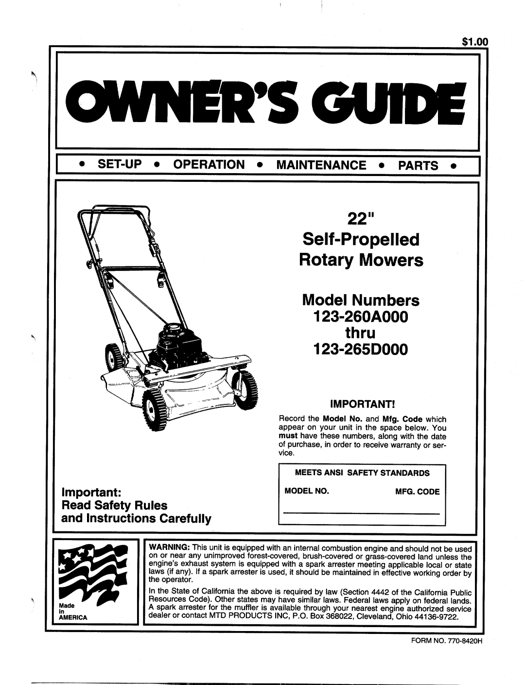 MTD 123-265D000, 123-260A000 manual 