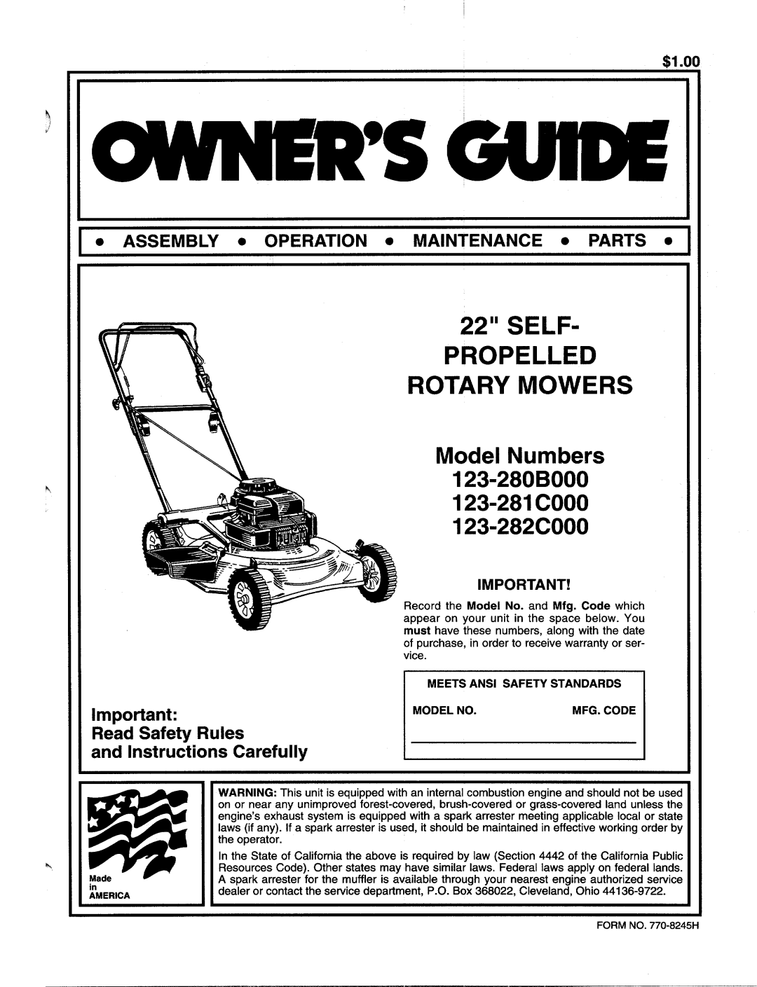 MTD 123-280B000, 123-281C000, 123-282C000 manual 