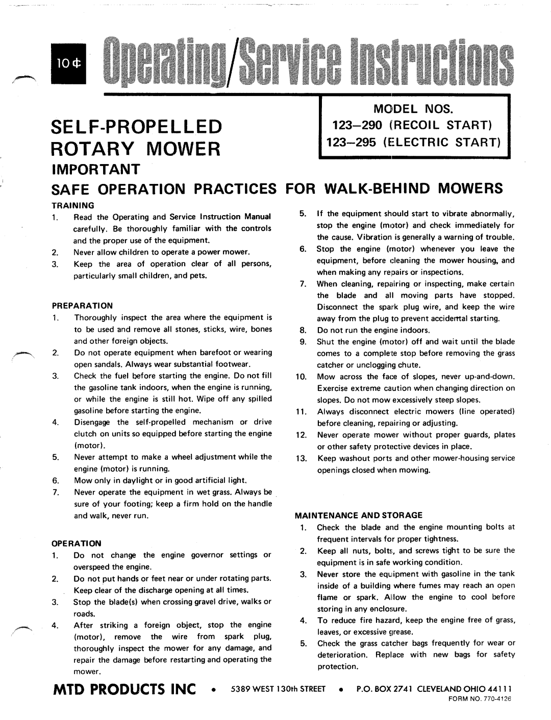 MTD 123-295, 123-290 manual 