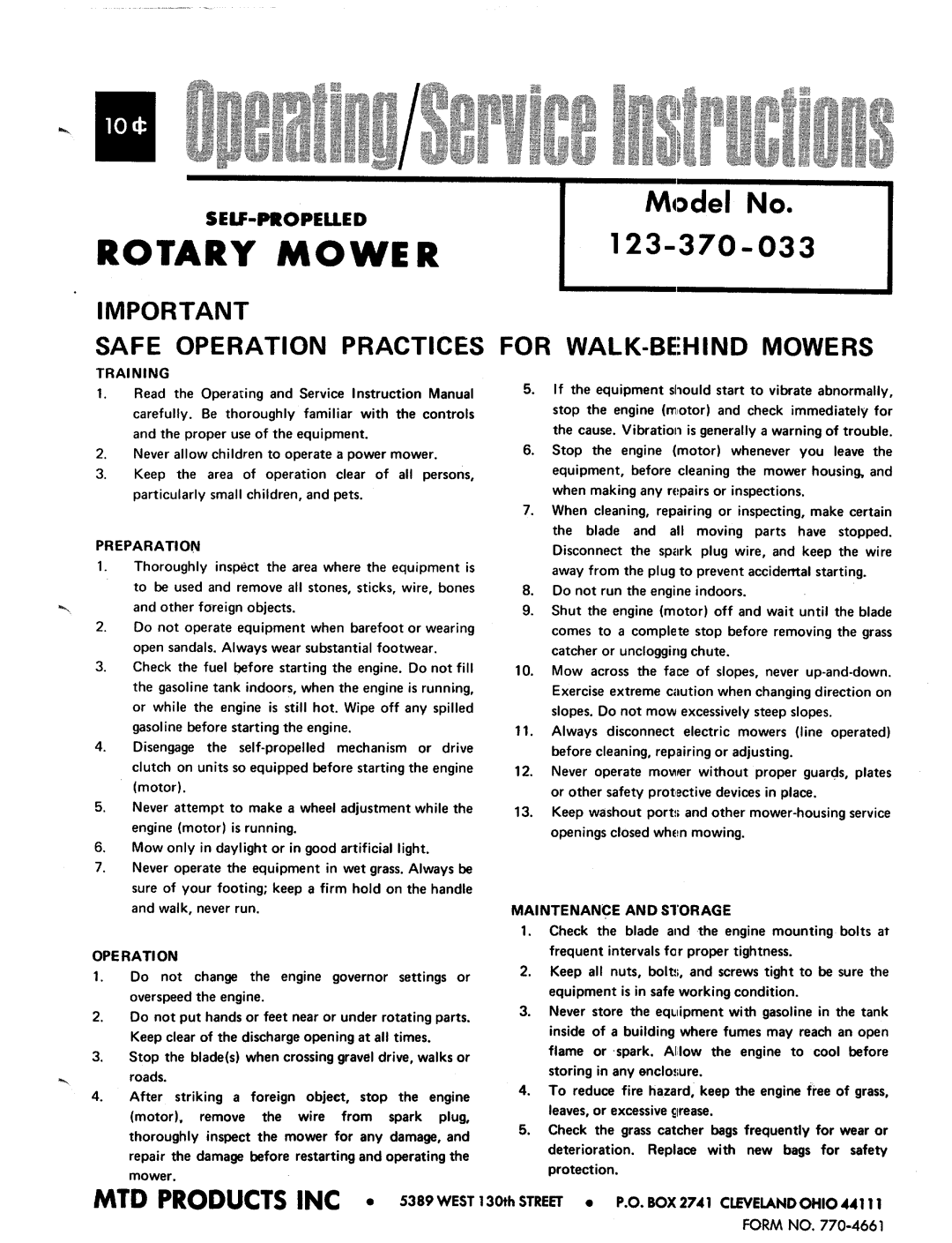 MTD 123-370-033 manual 