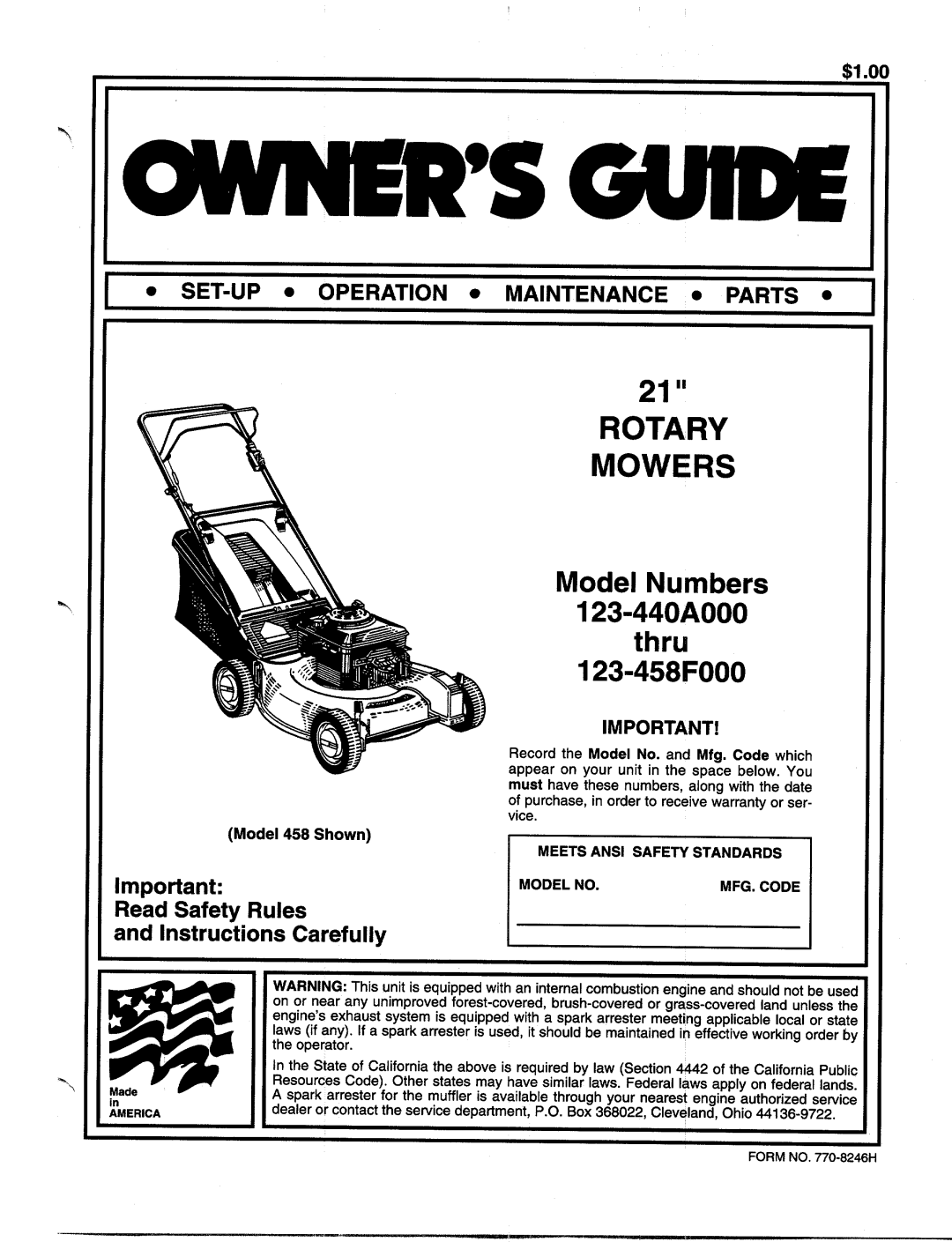 MTD 123-458F000, 123-440A000 manual 