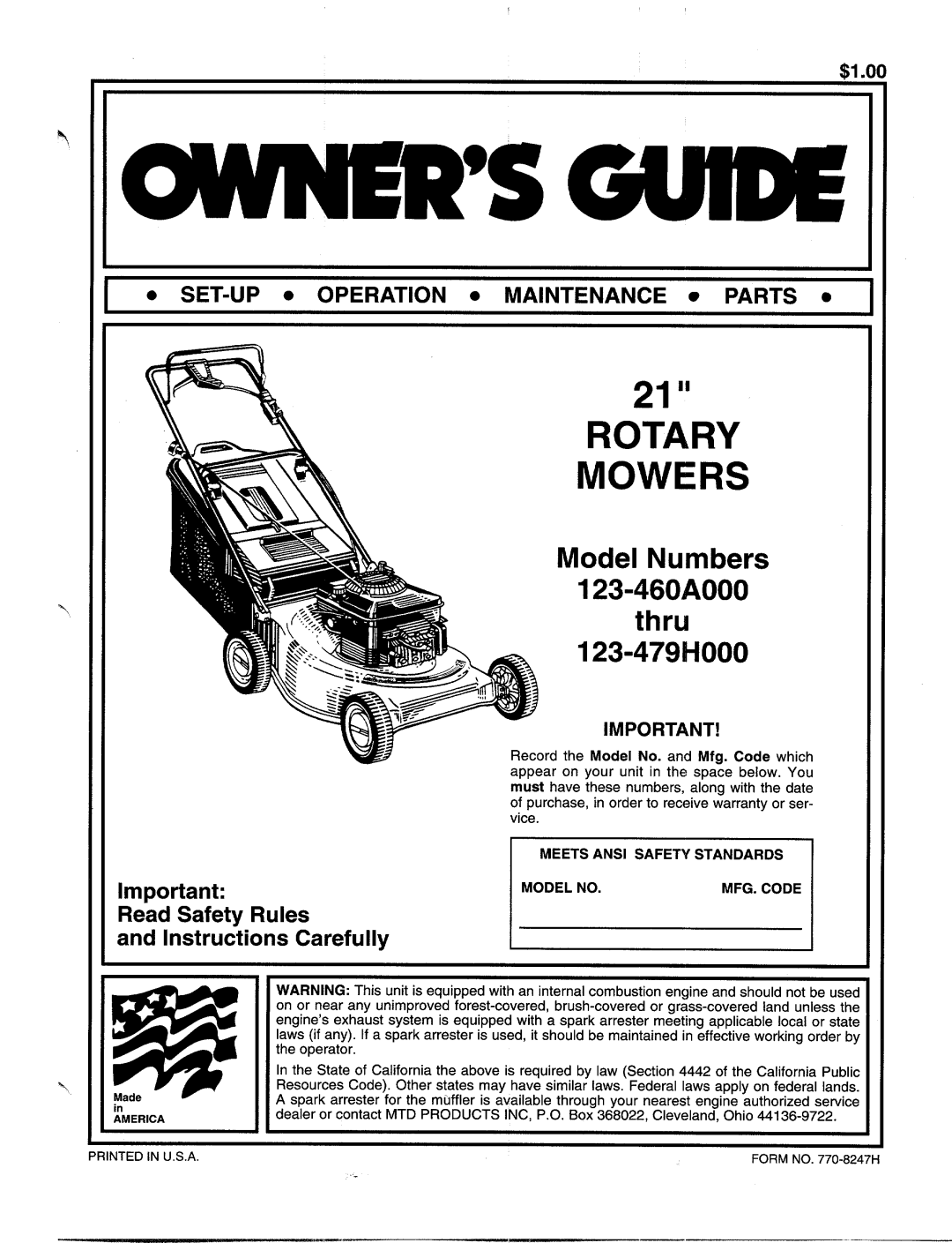 MTD 123-460A000, 123-479H000 manual 