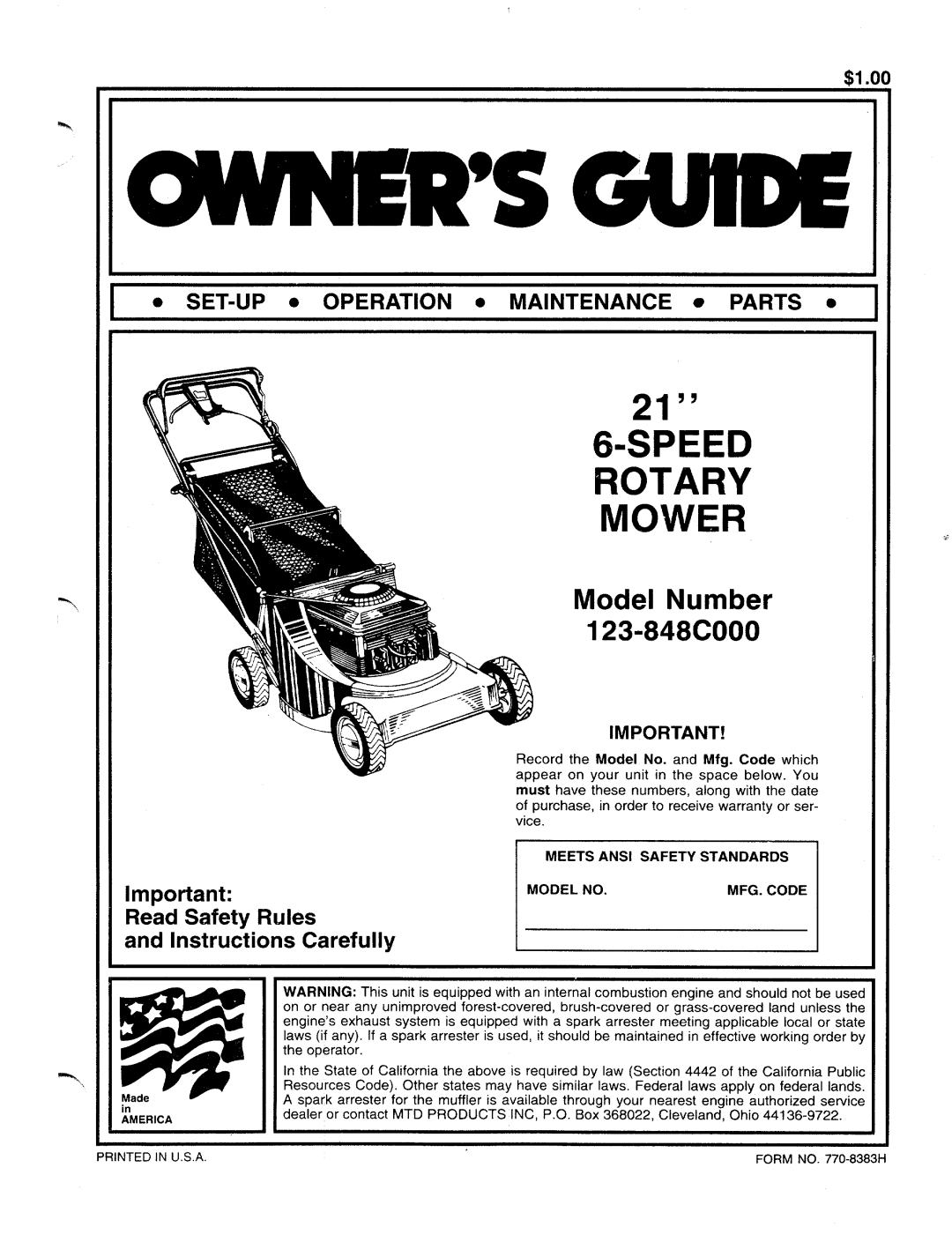 MTD 123-848C000 manual 