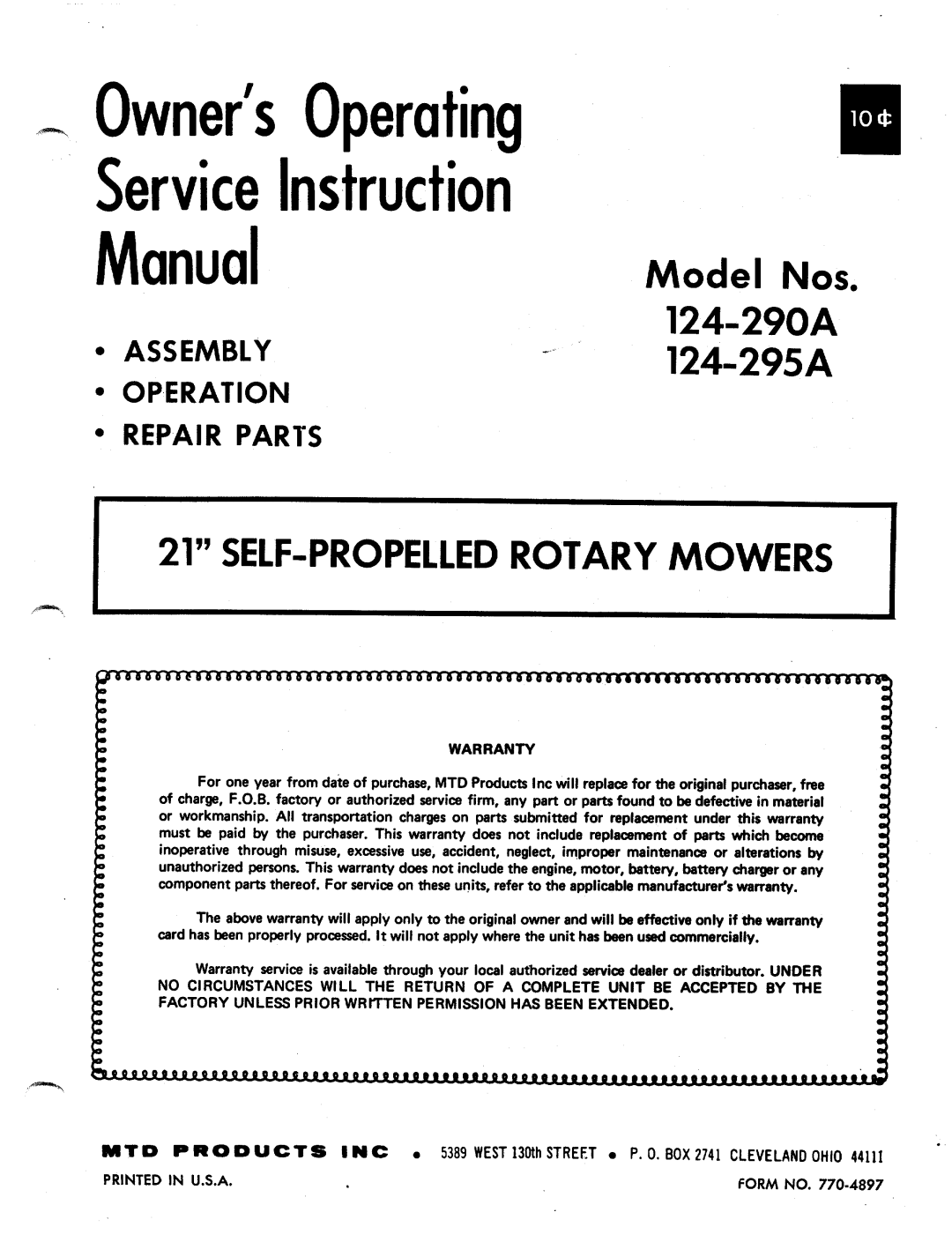 MTD 124-295A, 124-290A, 124 290A manual 