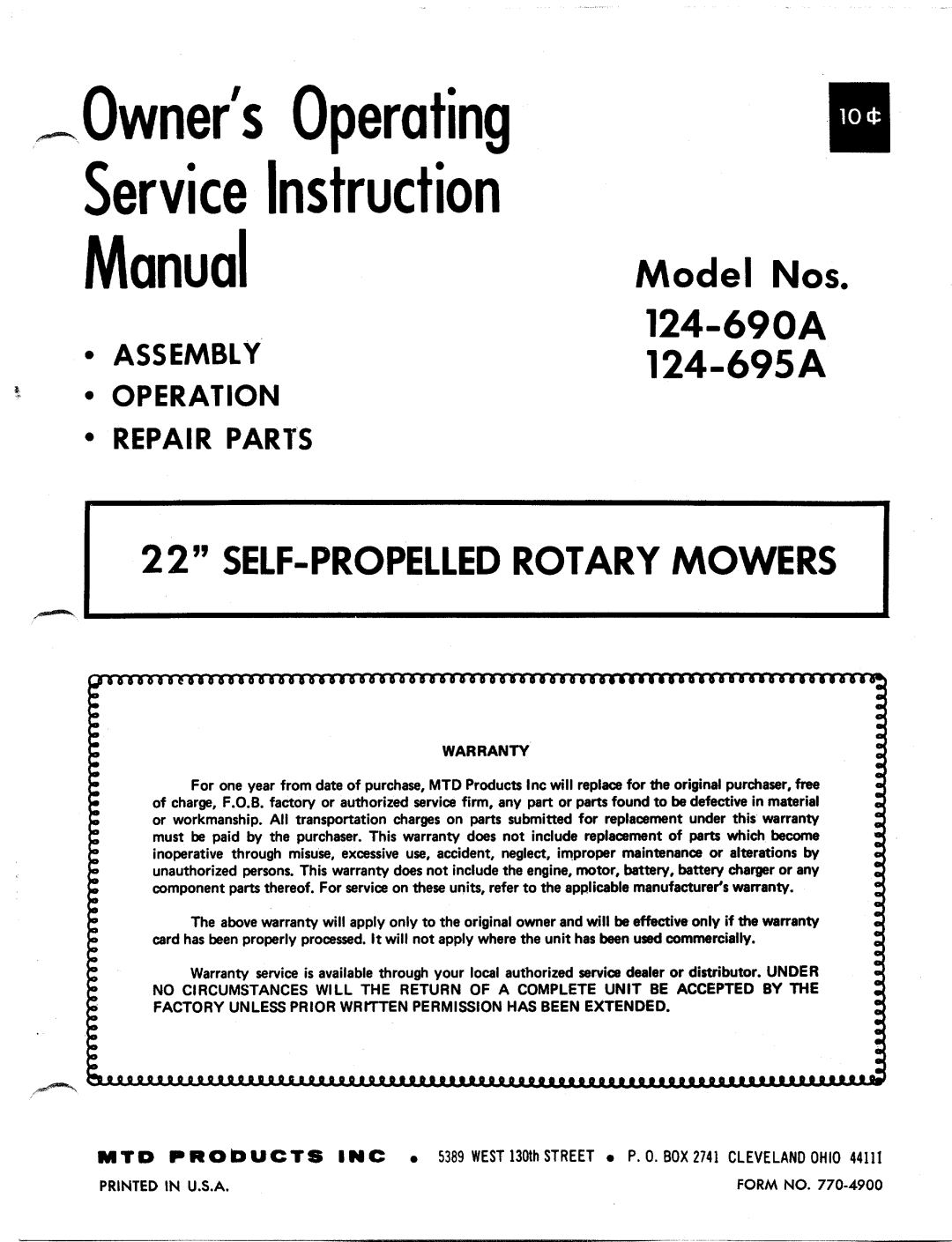 MTD 124-690A, 124-695A manual 