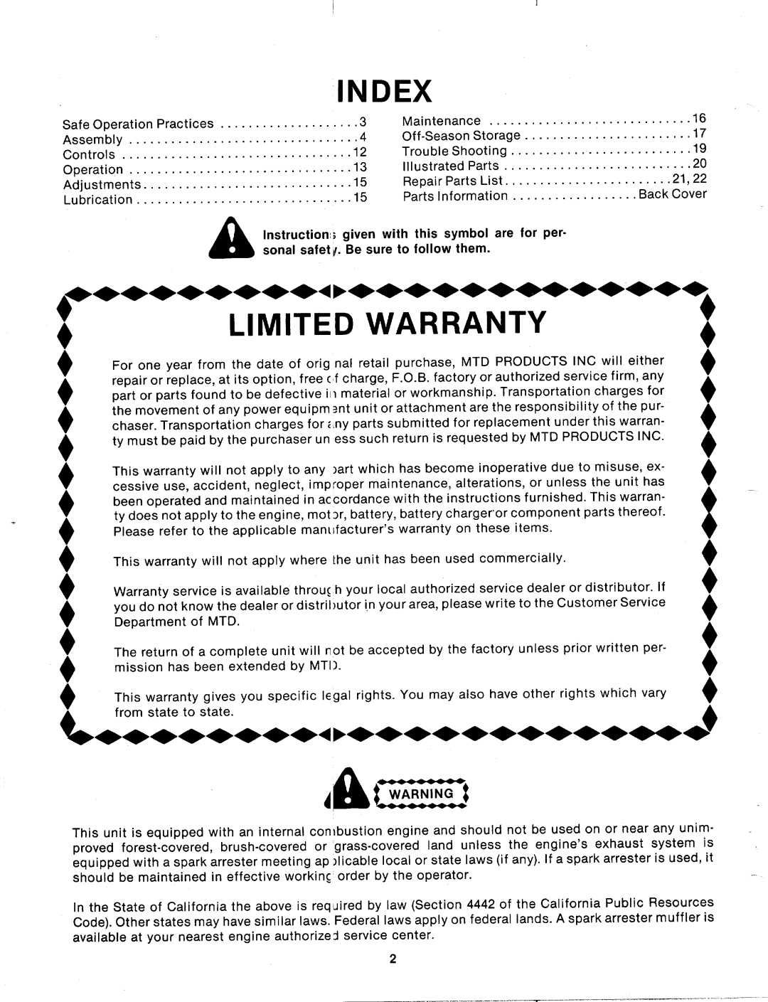 MTD 125-202-000, 125-212-000 manual 