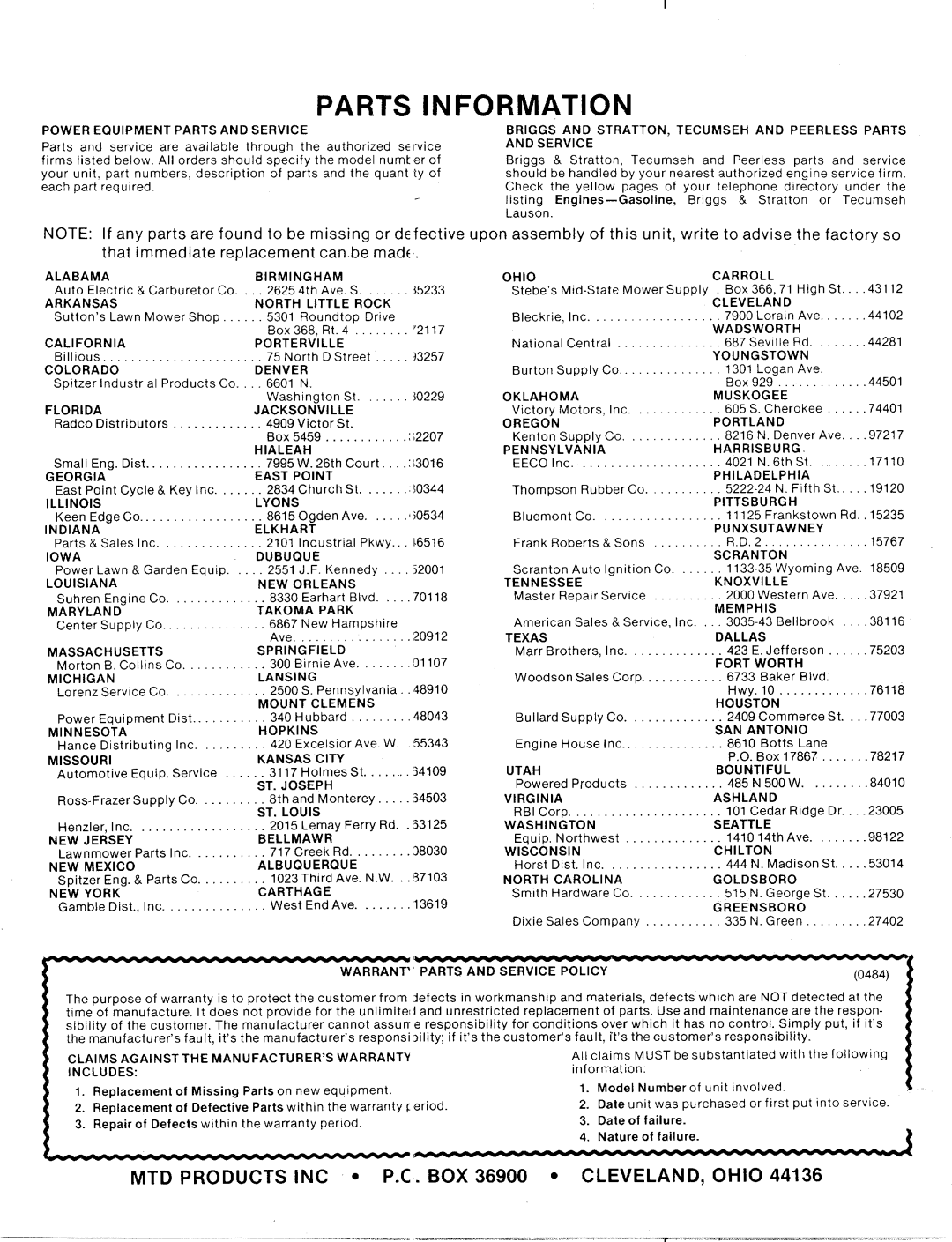 MTD 125-282-000, 125-280-000 manual 