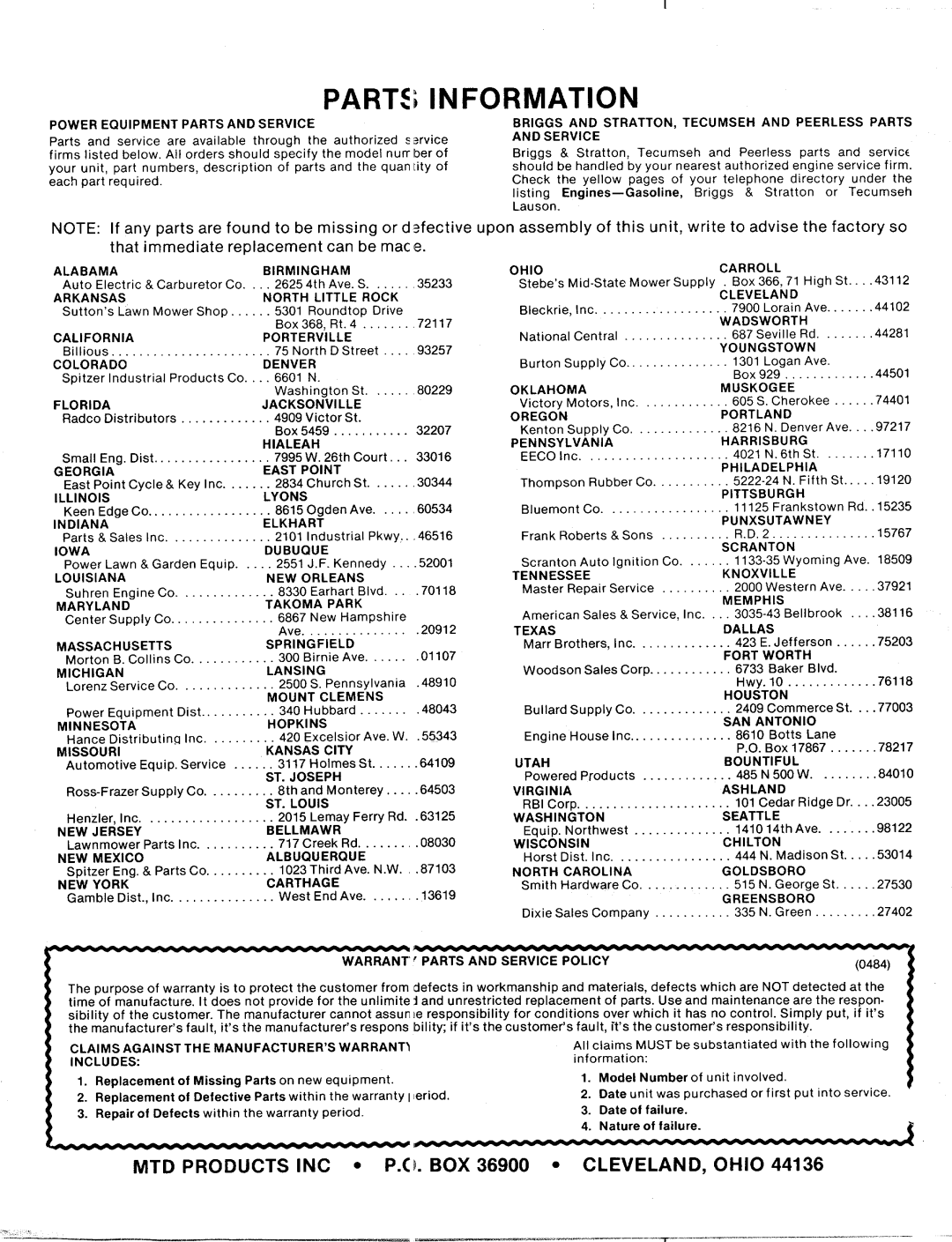 MTD 125-284-000 manual 