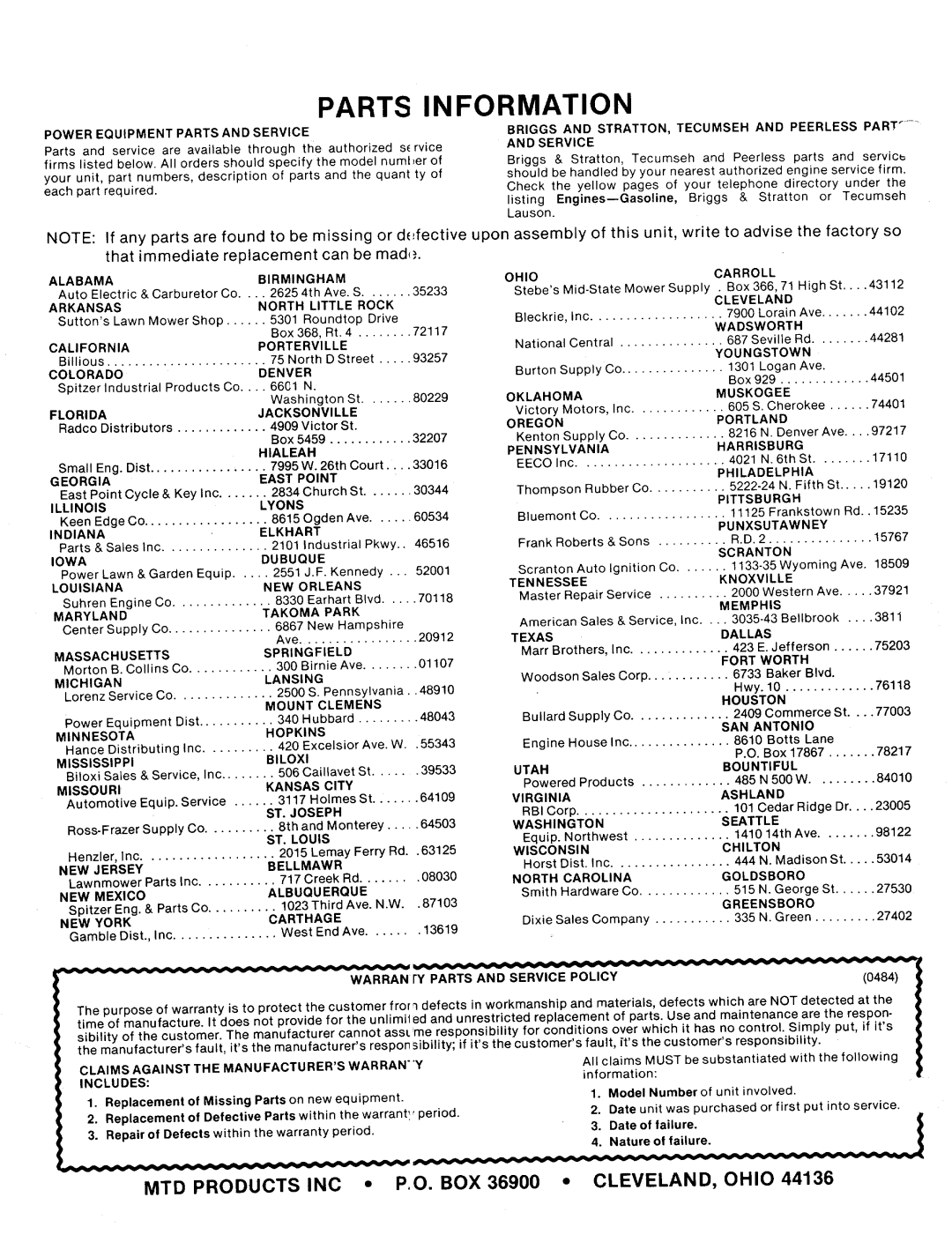 MTD 125-364-000 manual 