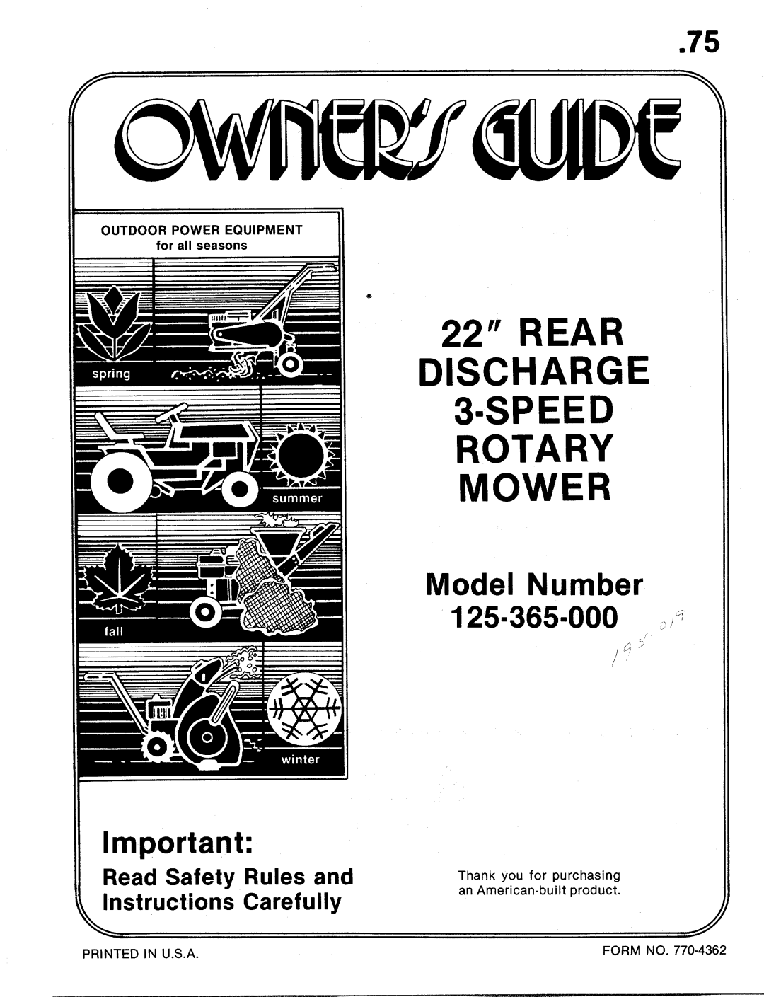 MTD 125-365-000 manual 