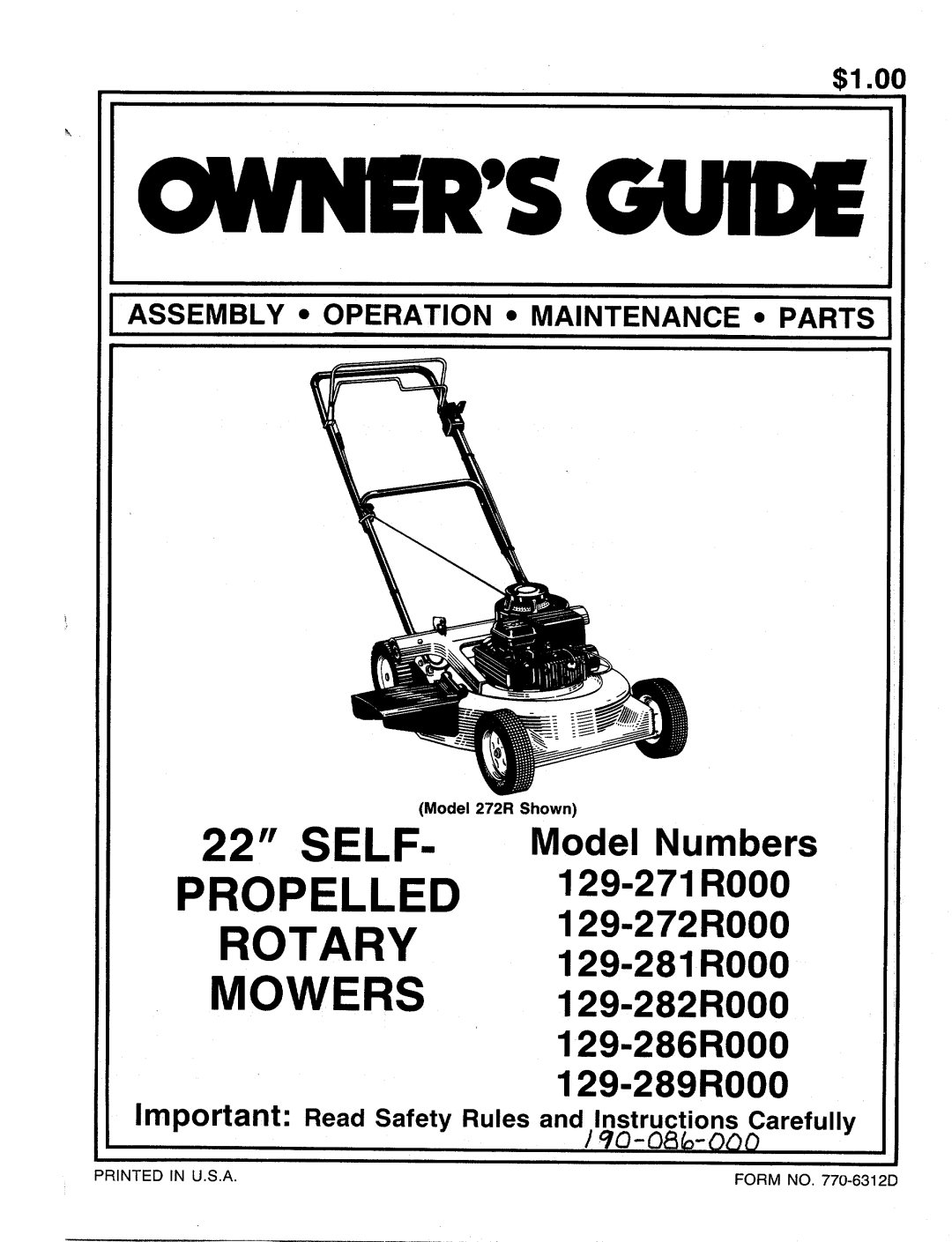 MTD 129-282R000, 129-281R000, 129-272R000, 129-271R000, 129-289R000, 129-286R000 manual 