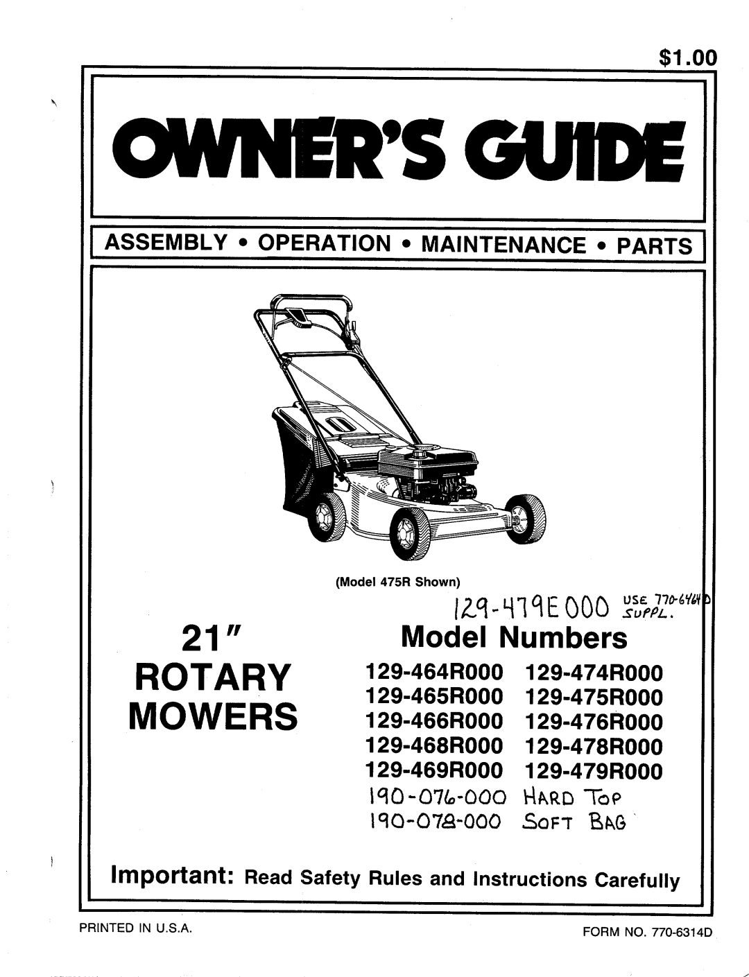 MTD 129-476R000, 129-479R000, 129-478R000, 129-466R000, 129-468R000, 129-474R000, 129-465R000, 129-464R000, 129-469R000 manual 