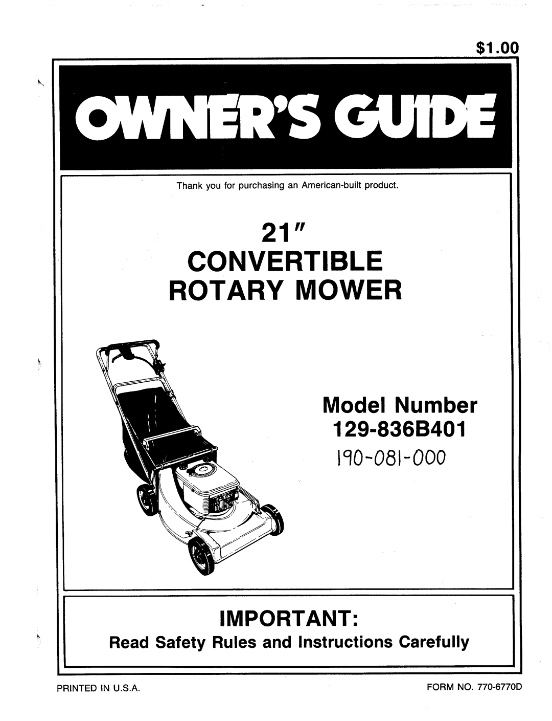 MTD 190-081-000, 129-836B401 manual 