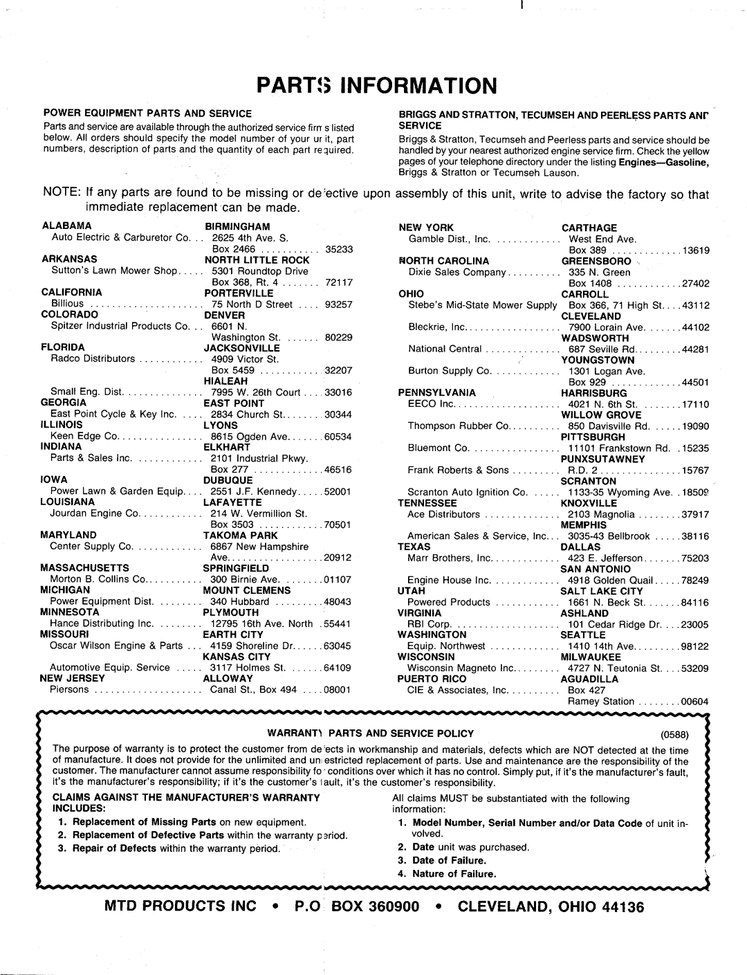 MTD 129-836B401, 190-081-000 manual 