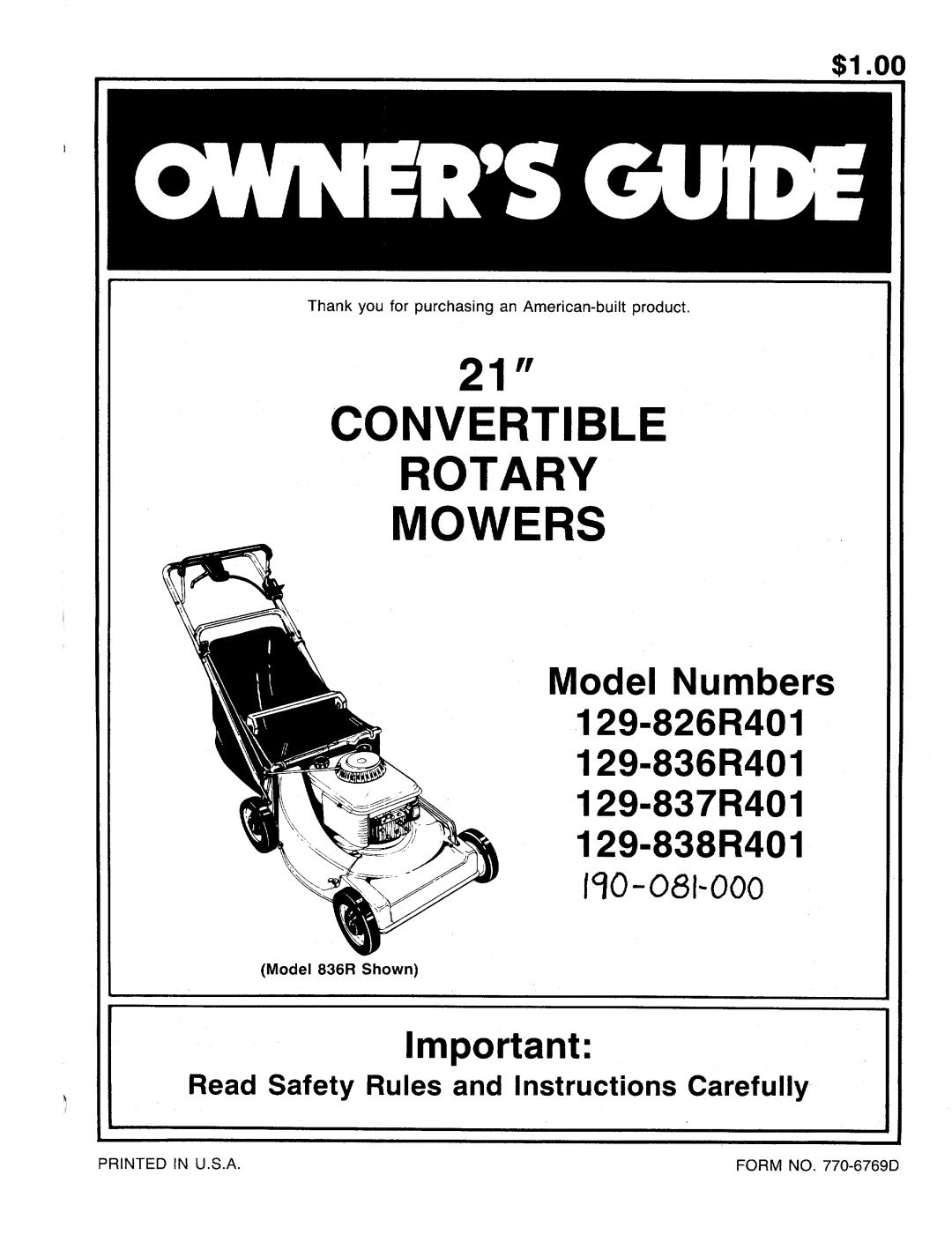 MTD 129-826R401, 129-838R401, 129-836R401, 129-837R401 manual 