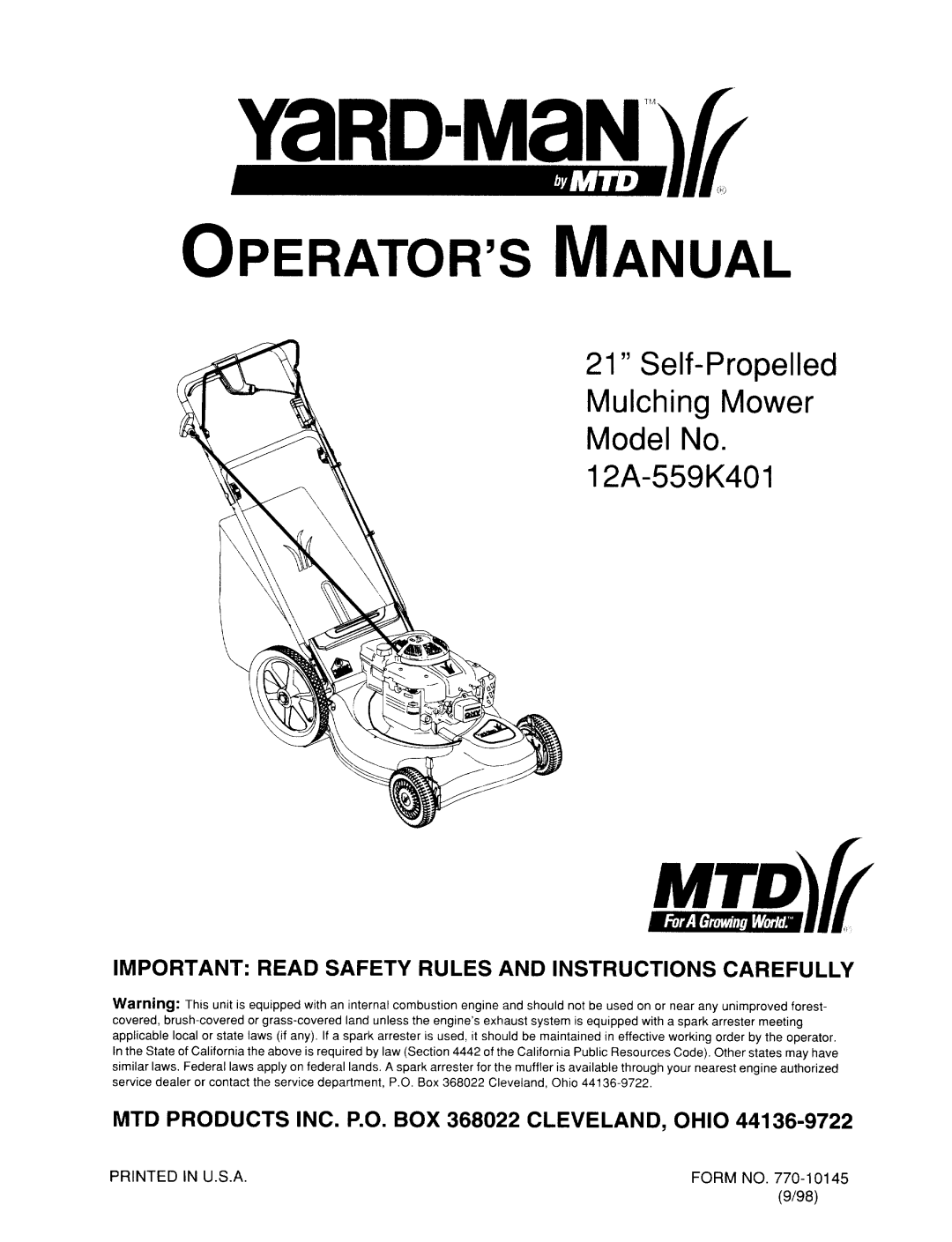 MTD 12A-559K401 manual 