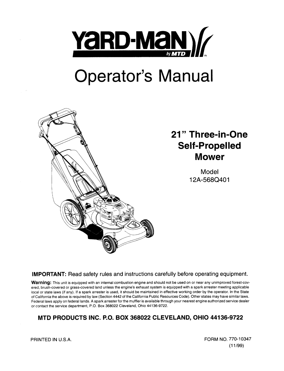 MTD 12A-568Q401 manual 