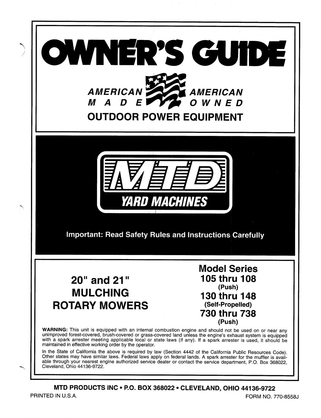 MTD 130 thtu, 105 thru 108 Series, 130 thru 148 Series, 730 thru 738 Series manual 