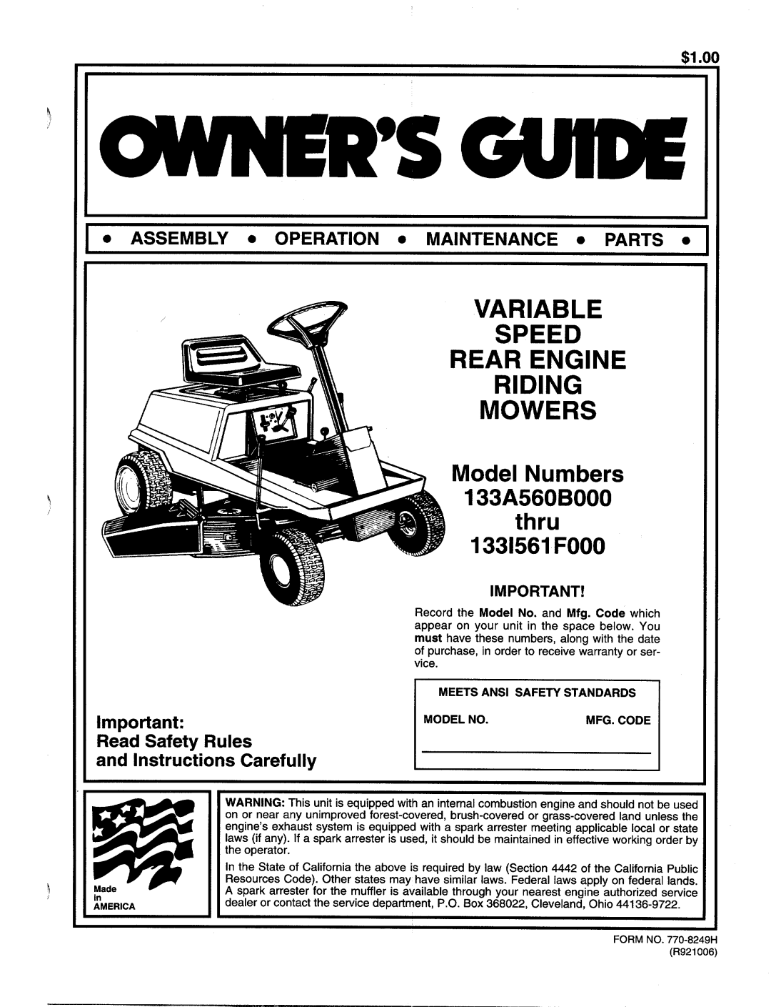 MTD 133A560B00, 133I561F000 manual 