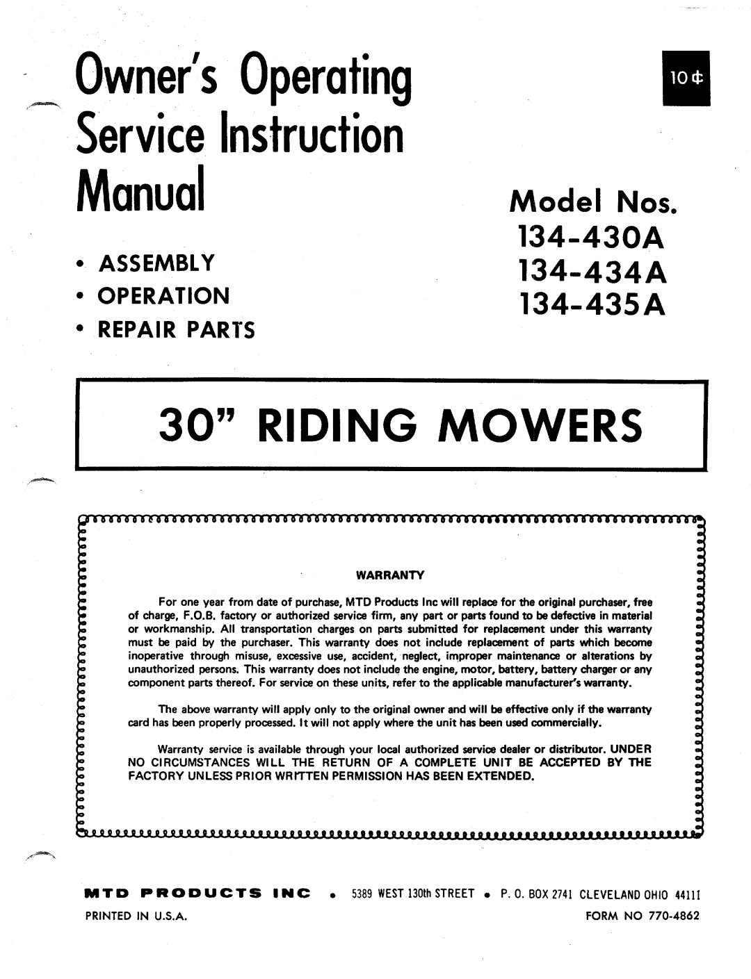 MTD 134-434A, 134-430A, 134-435A manual 