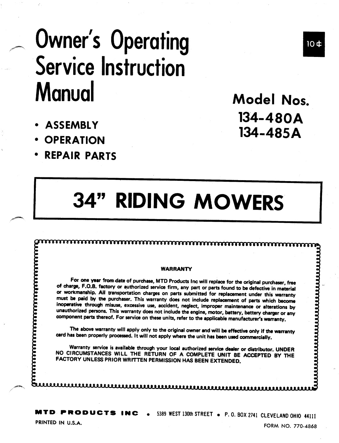 MTD 134-485A, 134-480A manual 