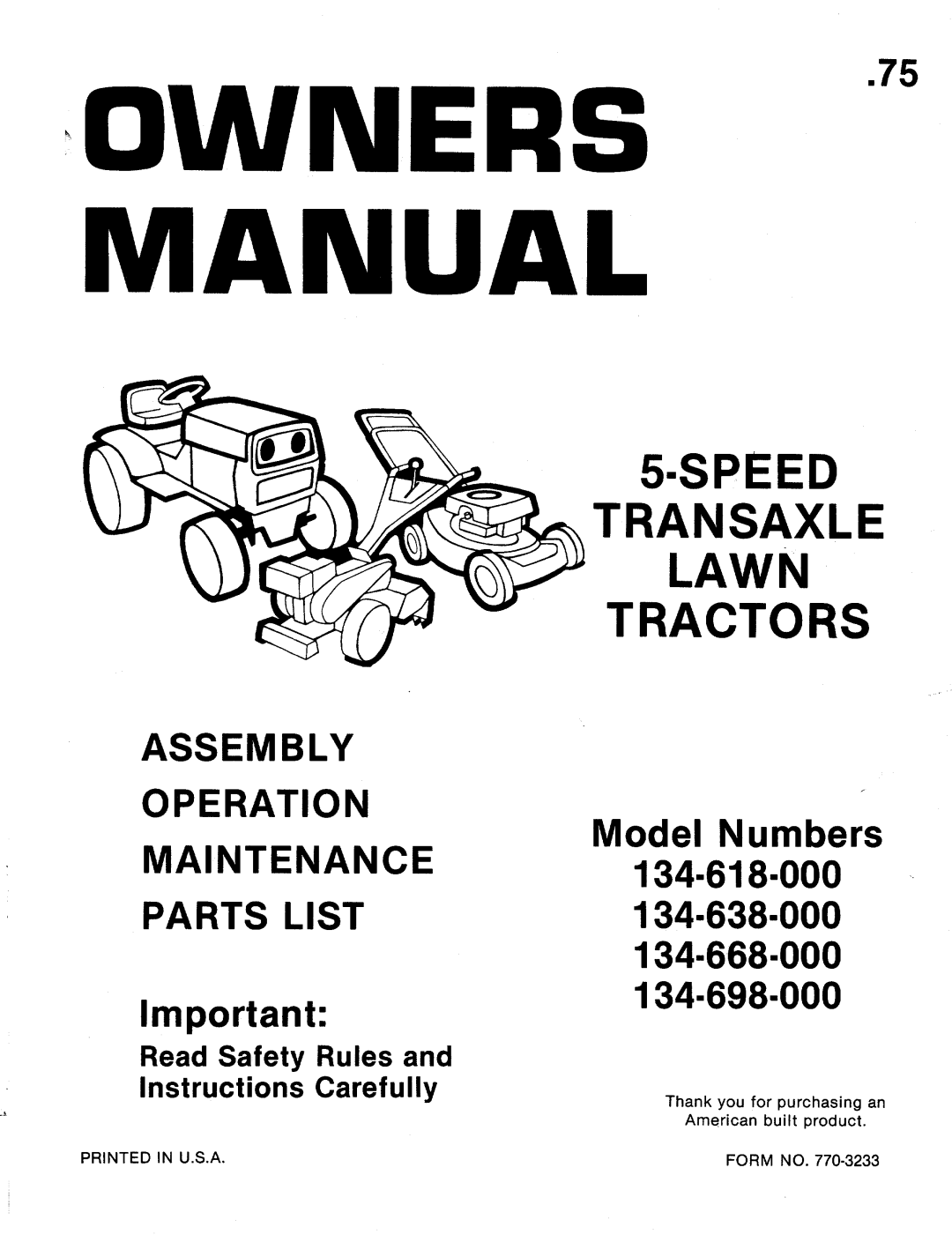 MTD 134-618-000, 134-698-000, 134-638-000, 134-668-000 manual 