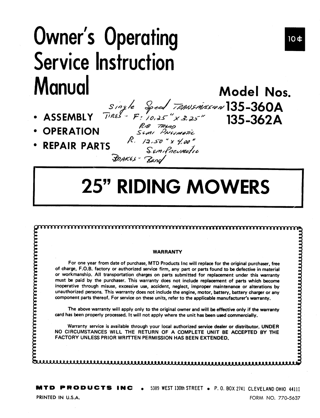 MTD 135-362A, 135-360A manual 