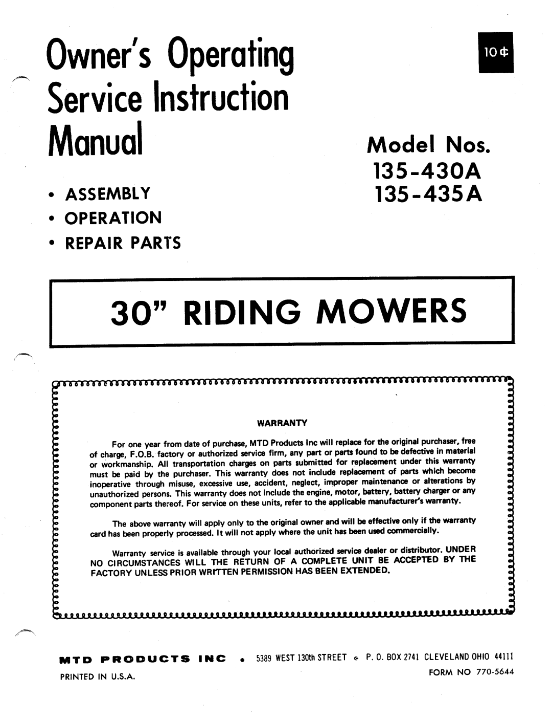 MTD 135-435A, 135-430A manual 