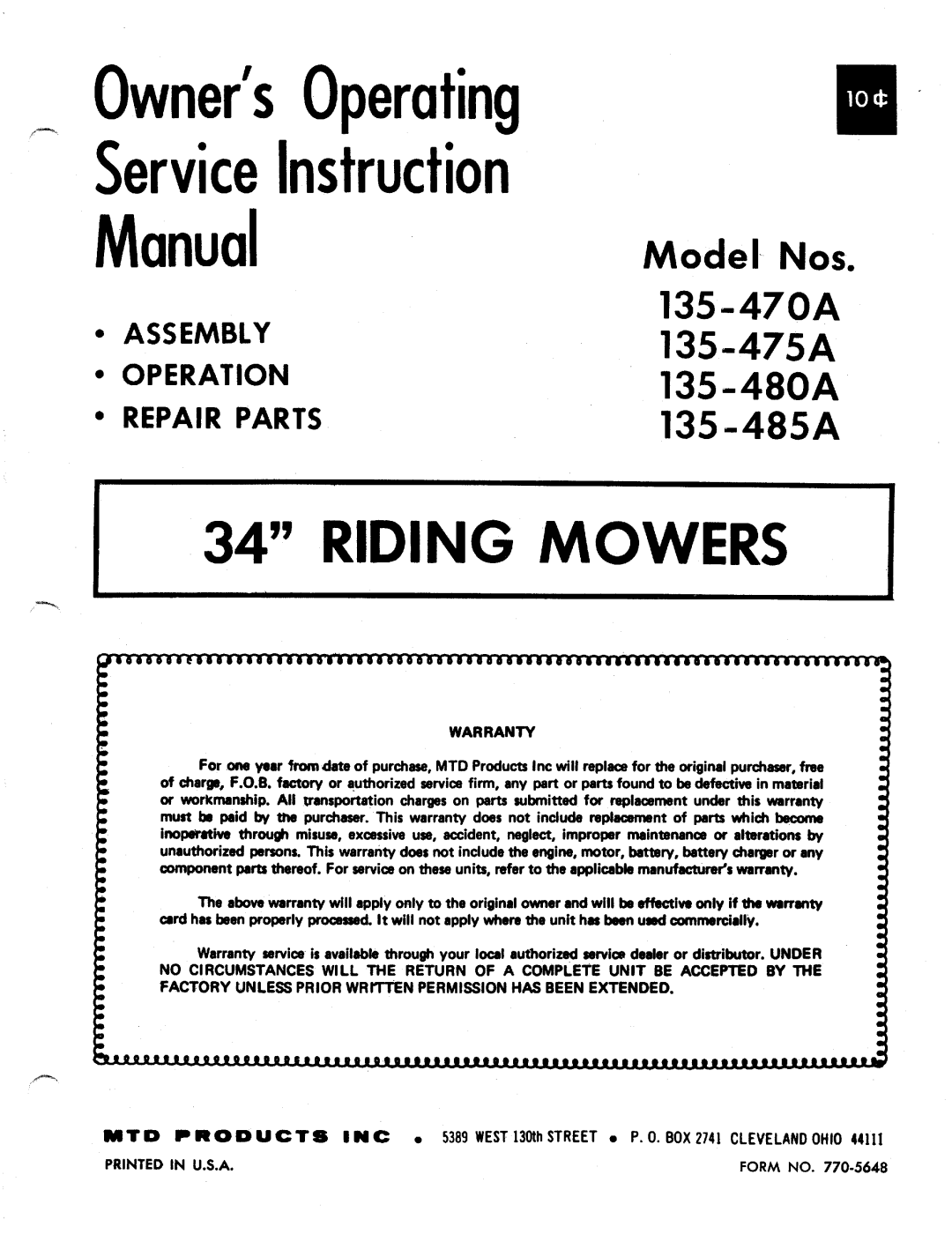 MTD 135-480A, 135-470A, 135-475A, 135-485A manual 