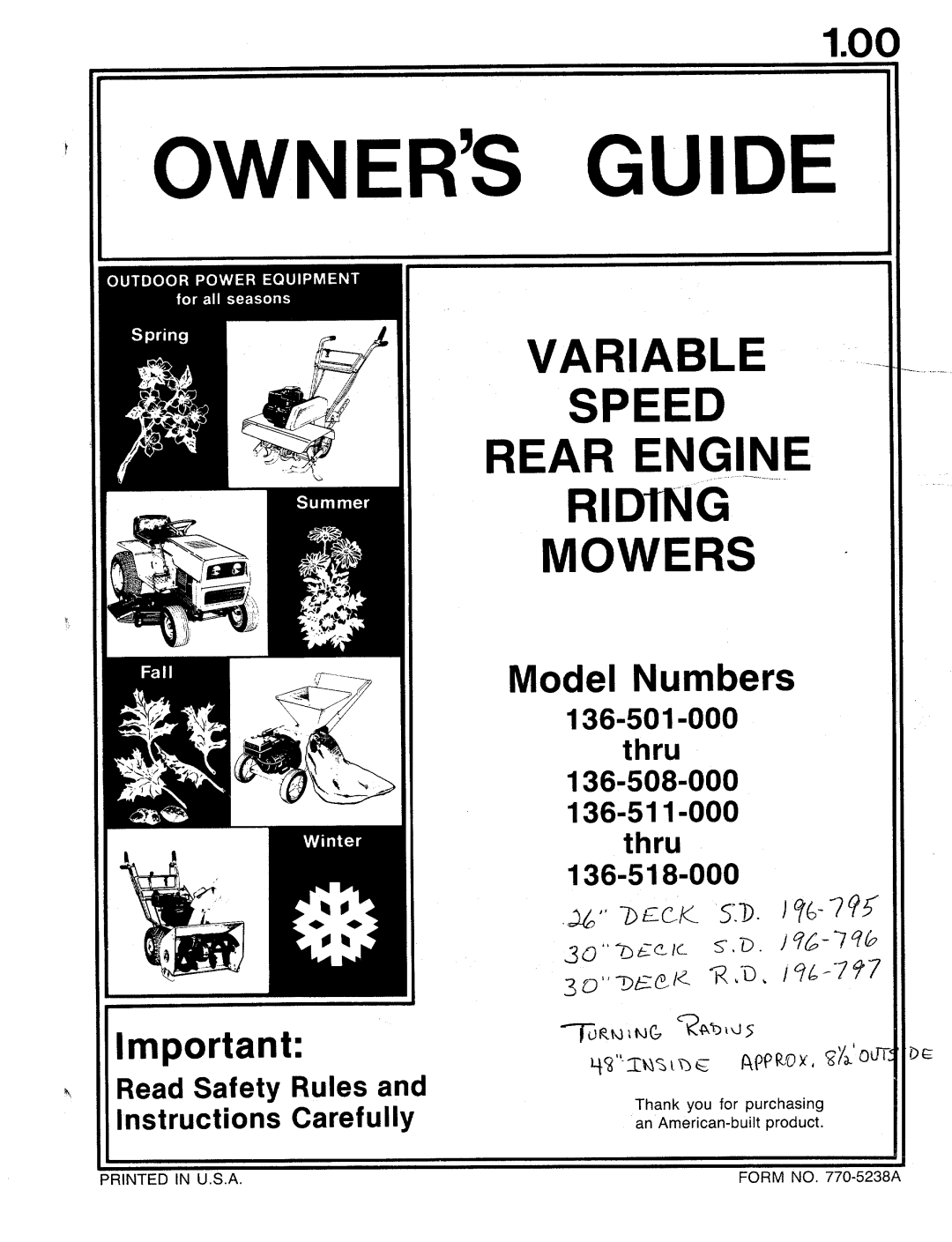 MTD 136-518-000, 136-511-000, 136-508-000, 136-501-000 manual 