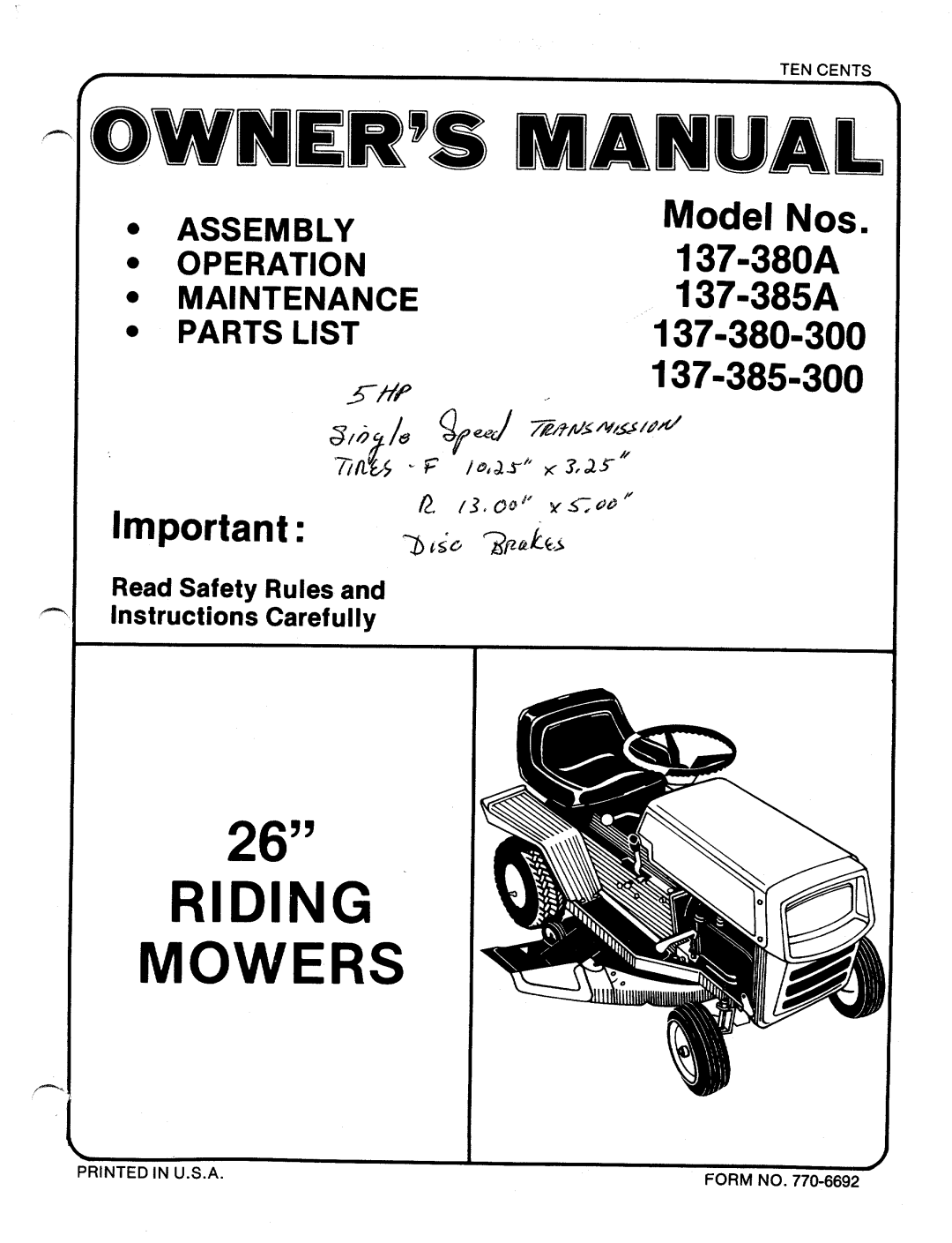 MTD 137-380A, 137-380-300, 137-385A, 137-385-300 manual 