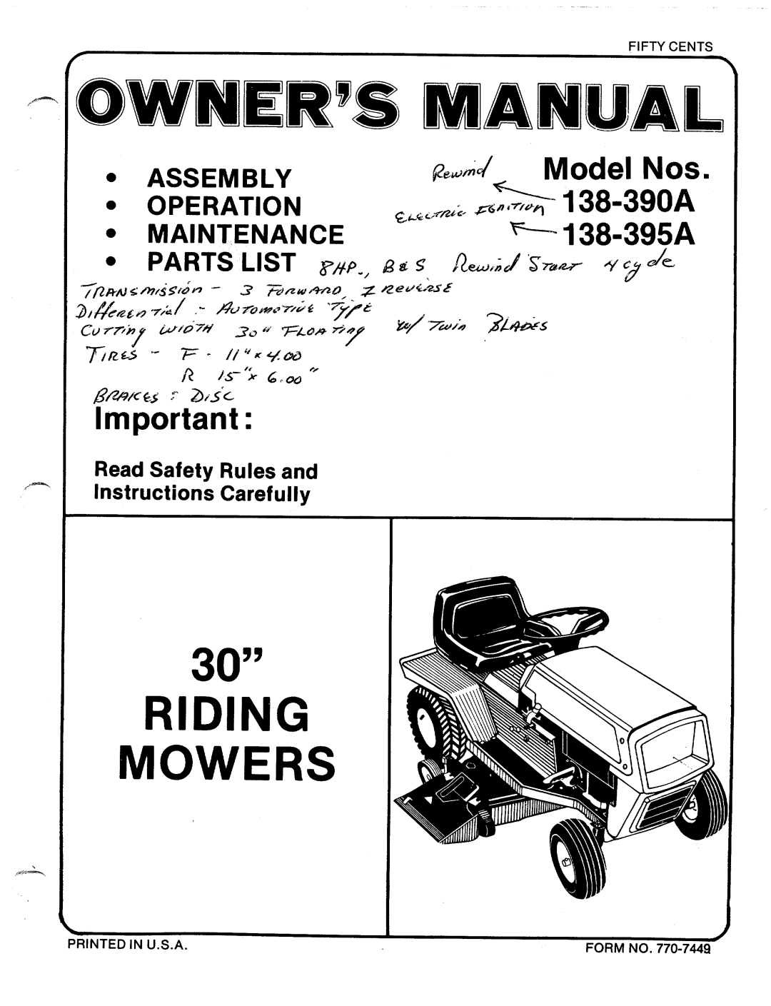 MTD 138-390A, 138-395A manual 