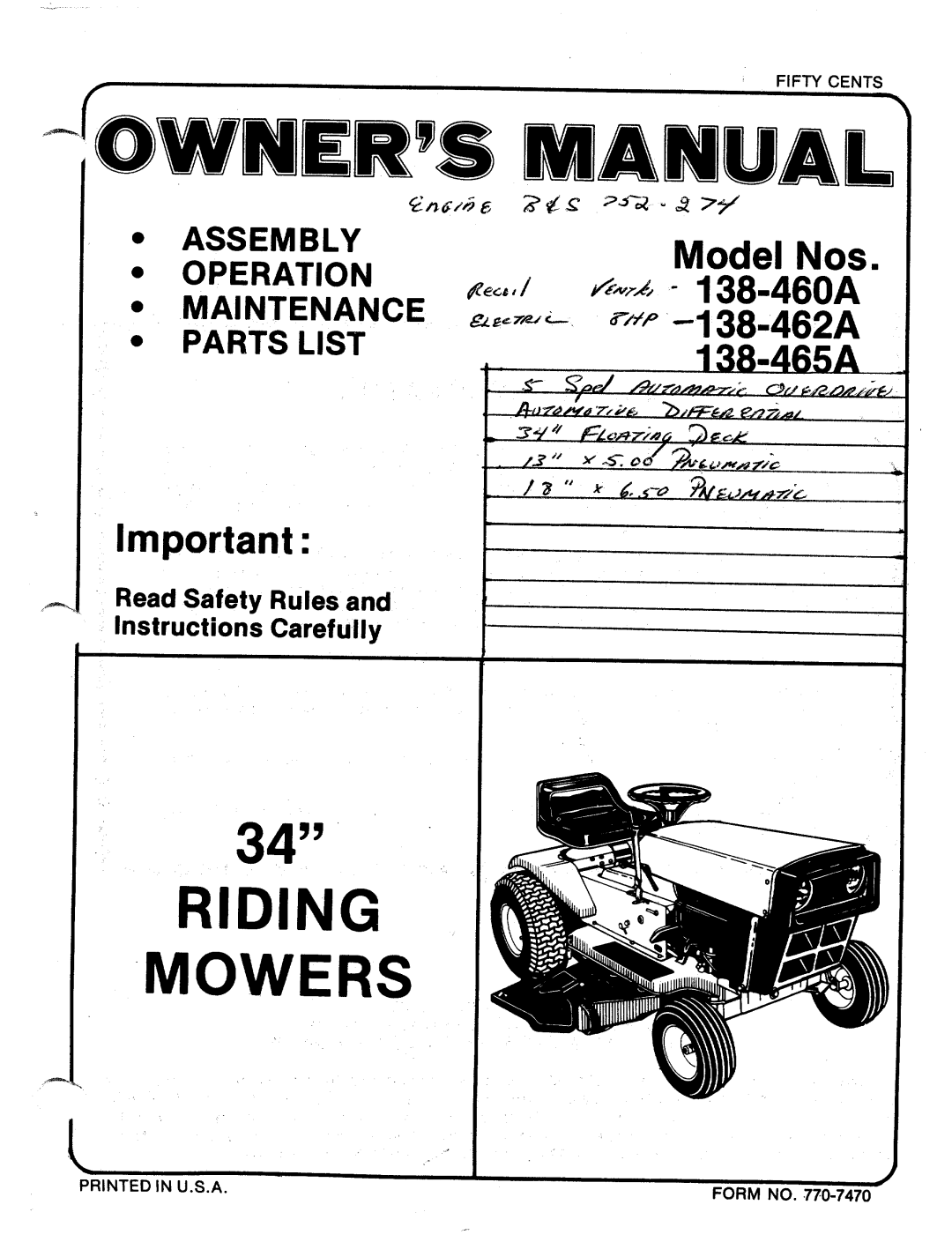 MTD 138-460A, 138-465A, 138-462A manual 