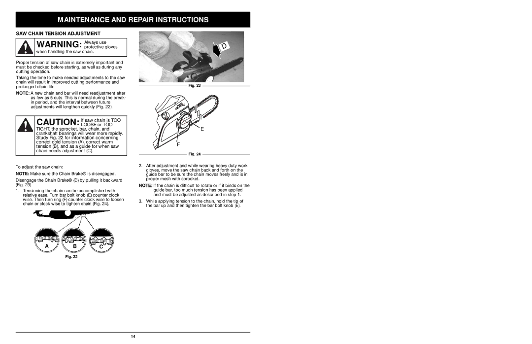 MTD 1416NT manual SAW Chain Tension Adjustment 