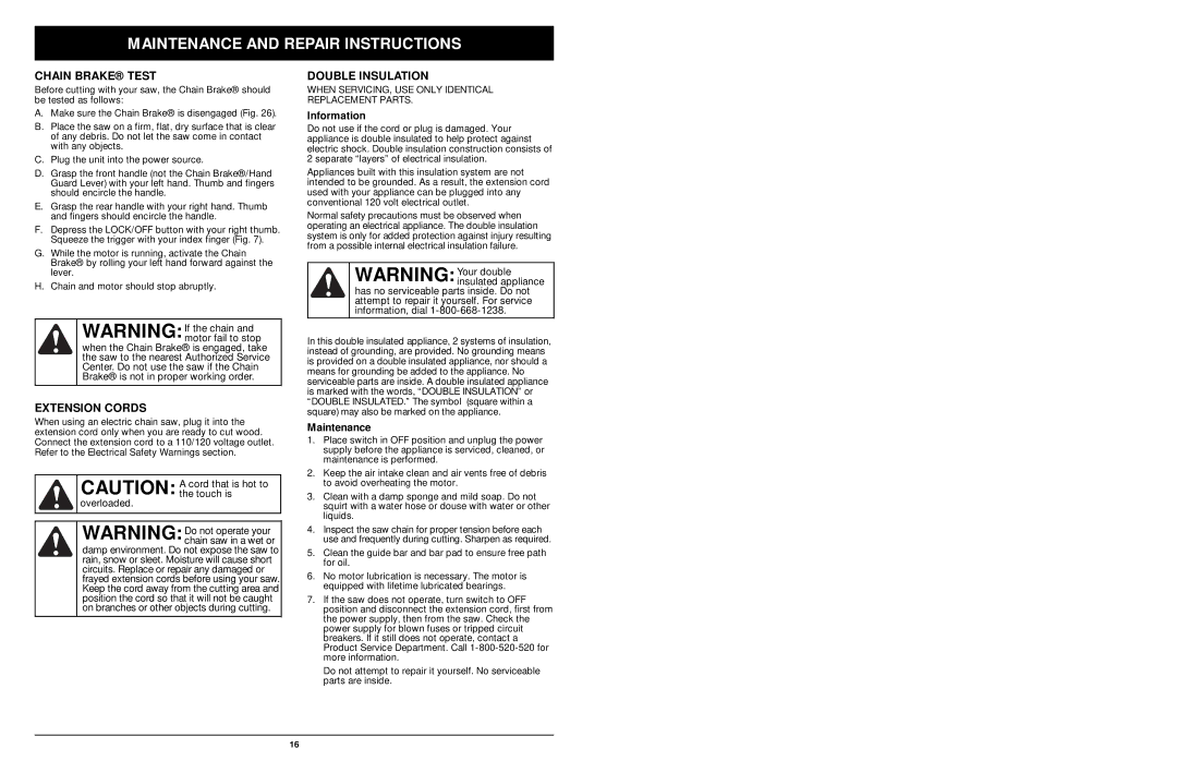 MTD 1416NT manual Chain Brake Test, Extension Cords, Double Insulation, Information, Maintenance 