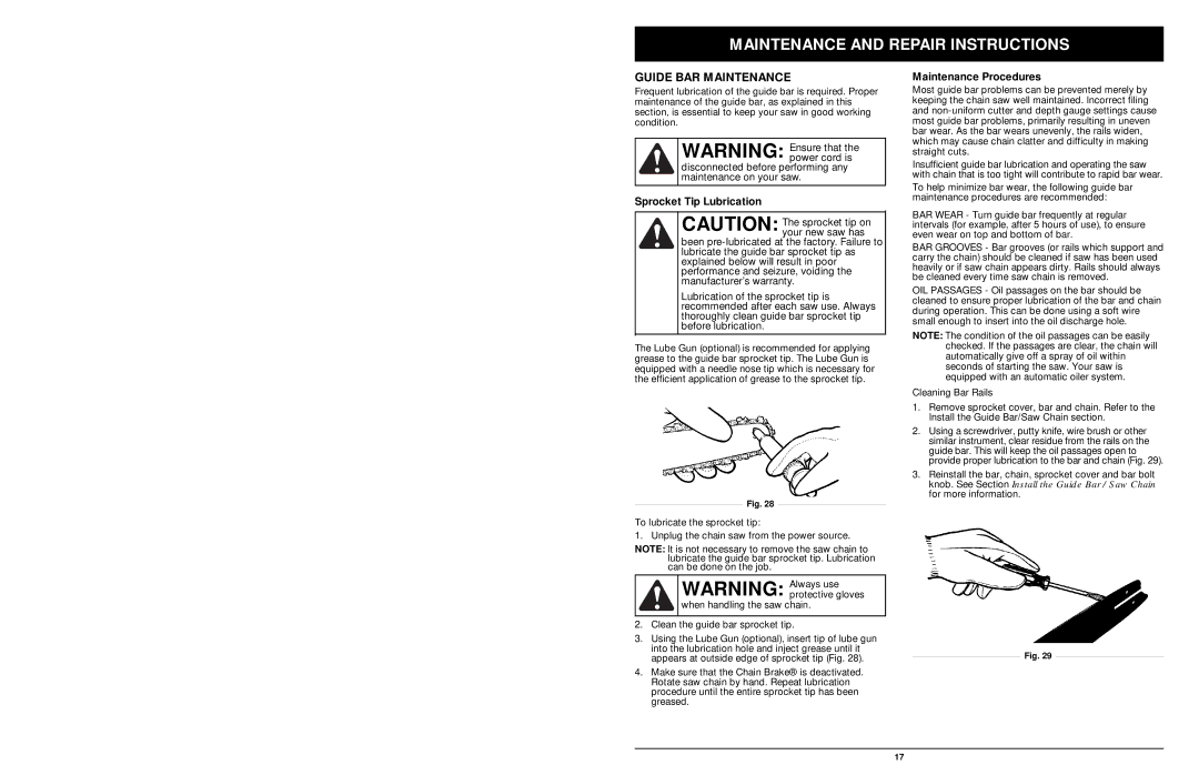 MTD 1416NT manual Guide BAR Maintenance, Sprocket Tip Lubrication, Maintenance Procedures 