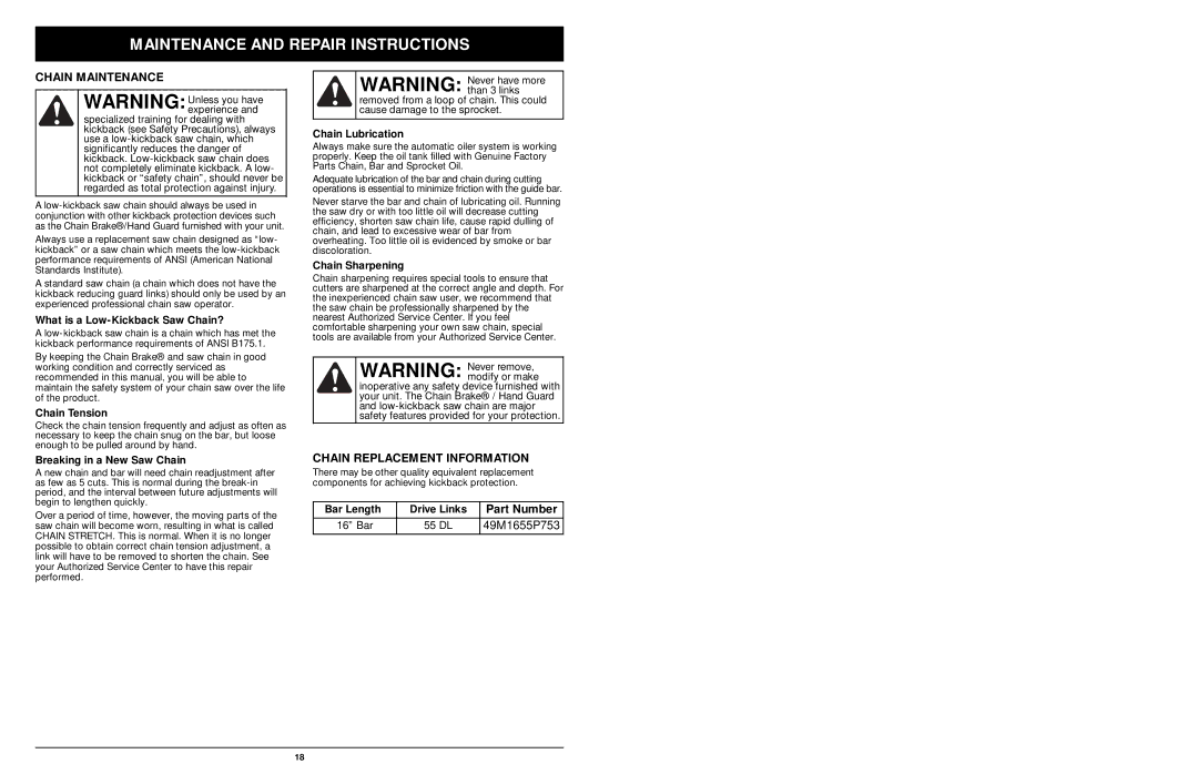 MTD 1416NT manual Chain Maintenance, Chain Replacement Information 