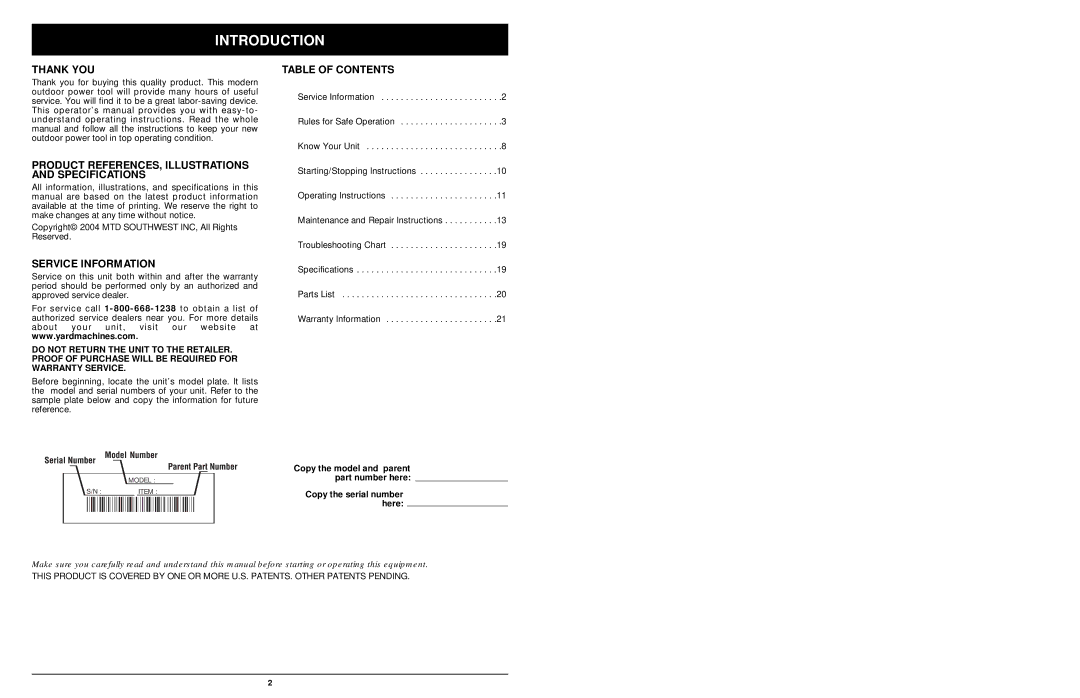 MTD 1416NT manual Introduction, Thank YOU, Product REFERENCES, Illustrations and Specifications, Service Information 