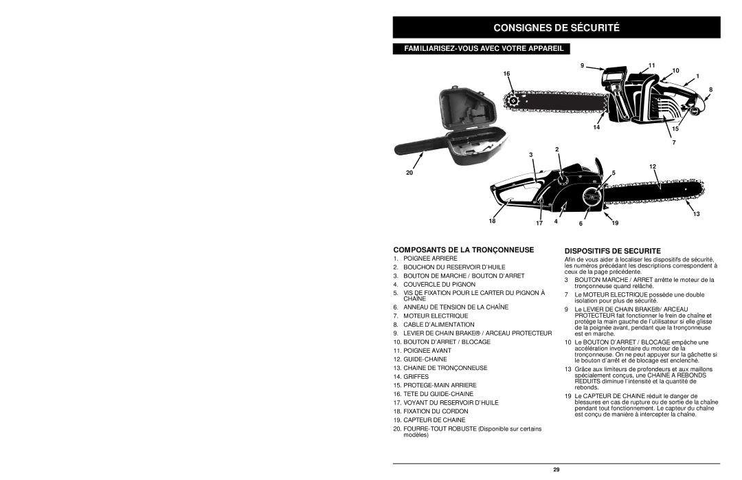 MTD 1416NT manual Composants DE LA Tronçonneuse, Dispositifs DE Securite 