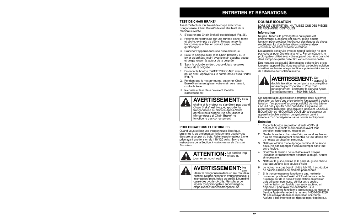 MTD 1416NT Avertissement Si la, Avertissement Nepas, Double Isolation, Test DE Chain Brake, Prolongateurs Electriques 