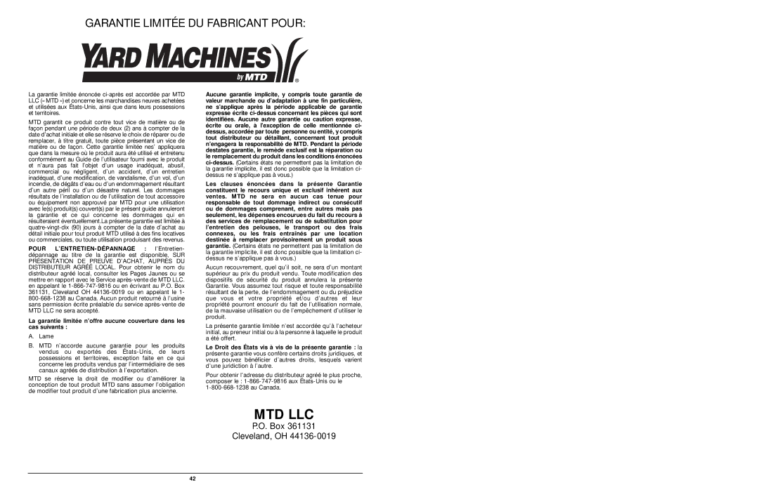 MTD 1416NT manual Garantie Limitée DU Fabricant Pour 