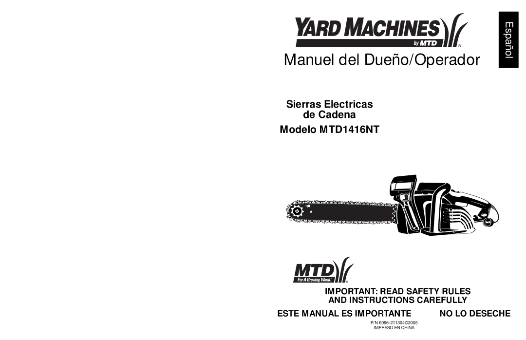 MTD 1416NT manual Manuel del Dueño/Operador 